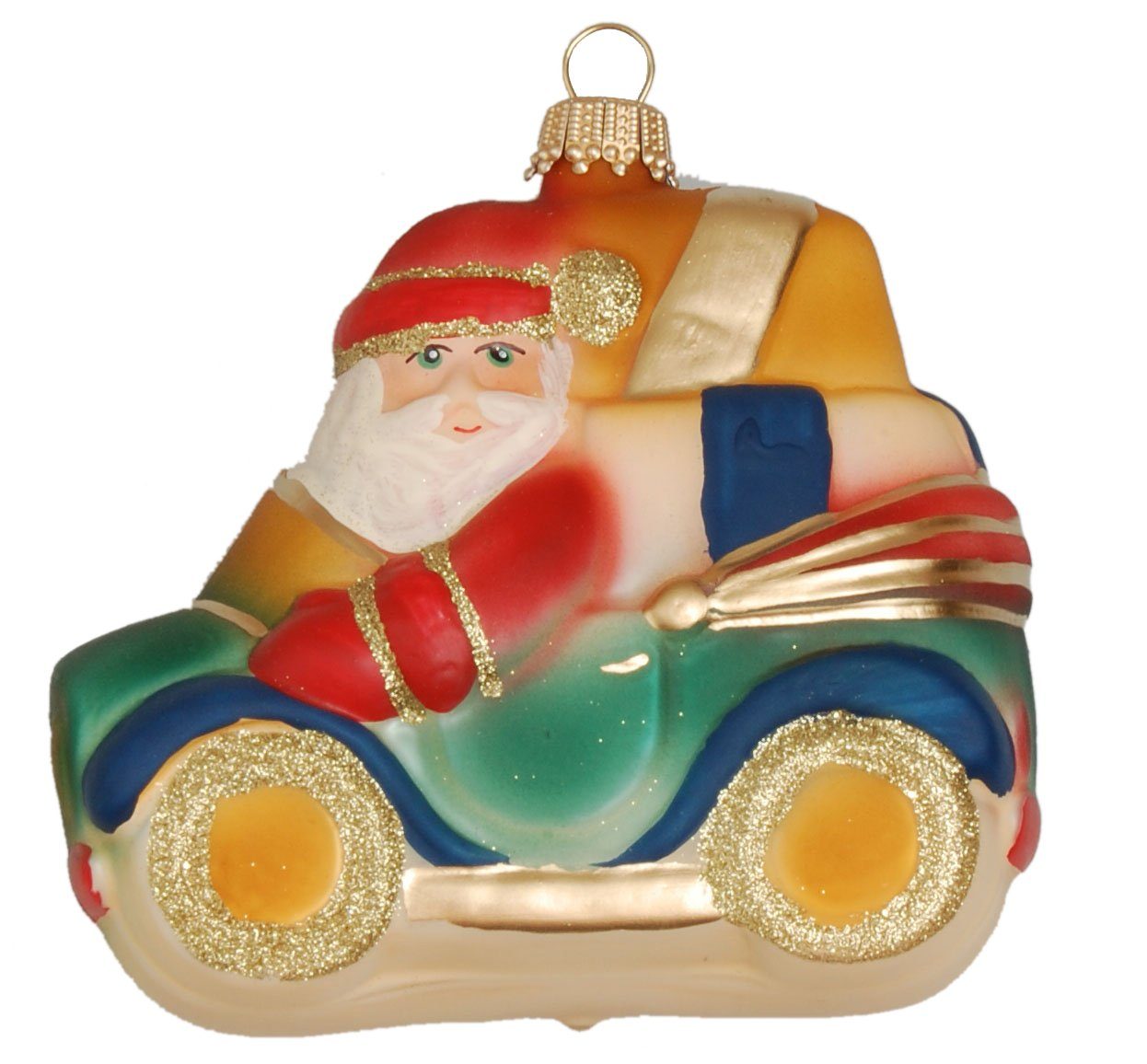 Krebs Glas Lauscha Christbaumschmuck Multicolor matt 9cm Weihnachtsmann in seinem Auto, Glassornament, mund (1-tlg)