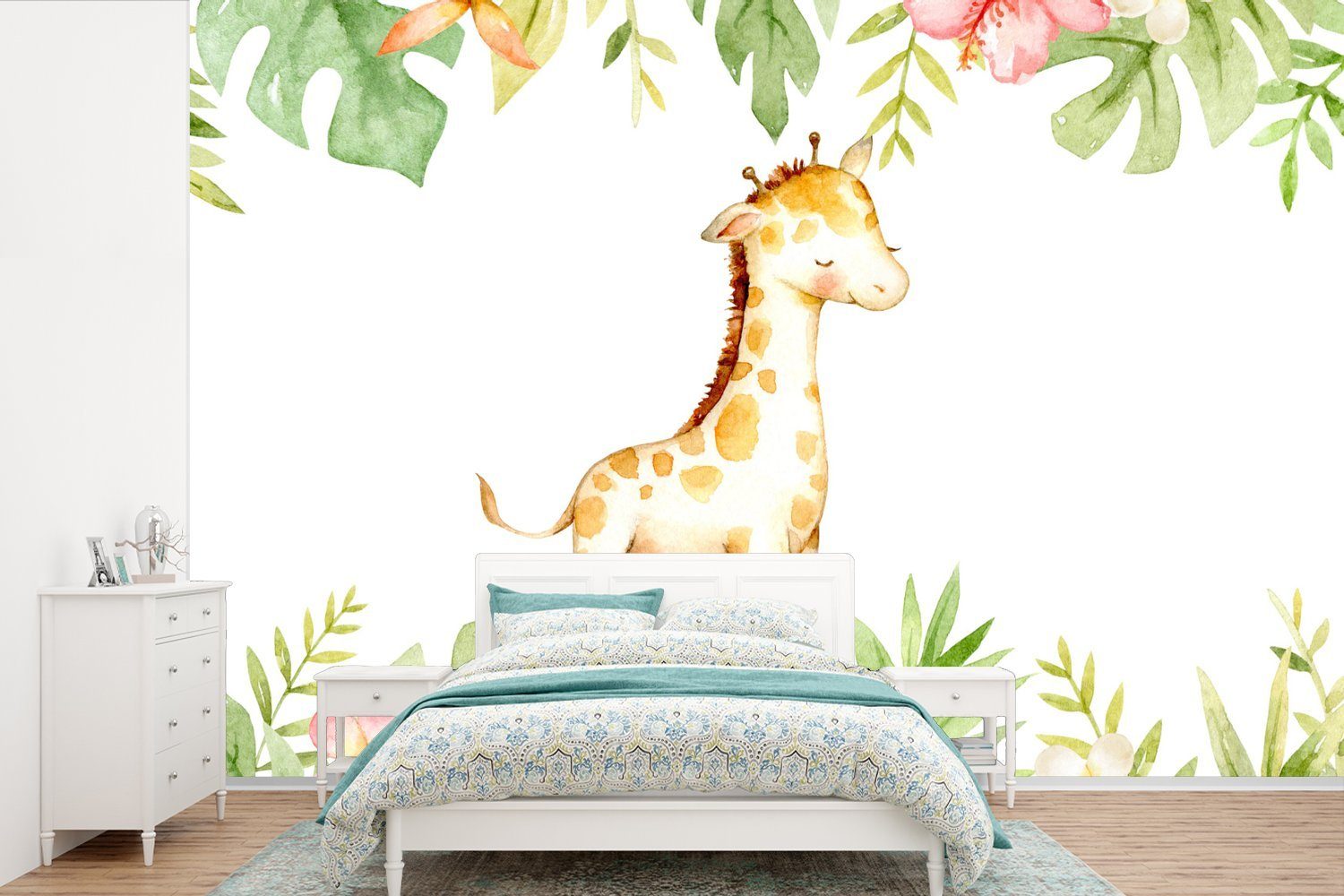 MuchoWow Fototapete Giraffe - Dschungel - Blumen - Aquarell, Matt, bedruckt, (6 St), Wallpaper für Wohnzimmer, Schlafzimmer, Kinderzimmer, Vinyl Tapete