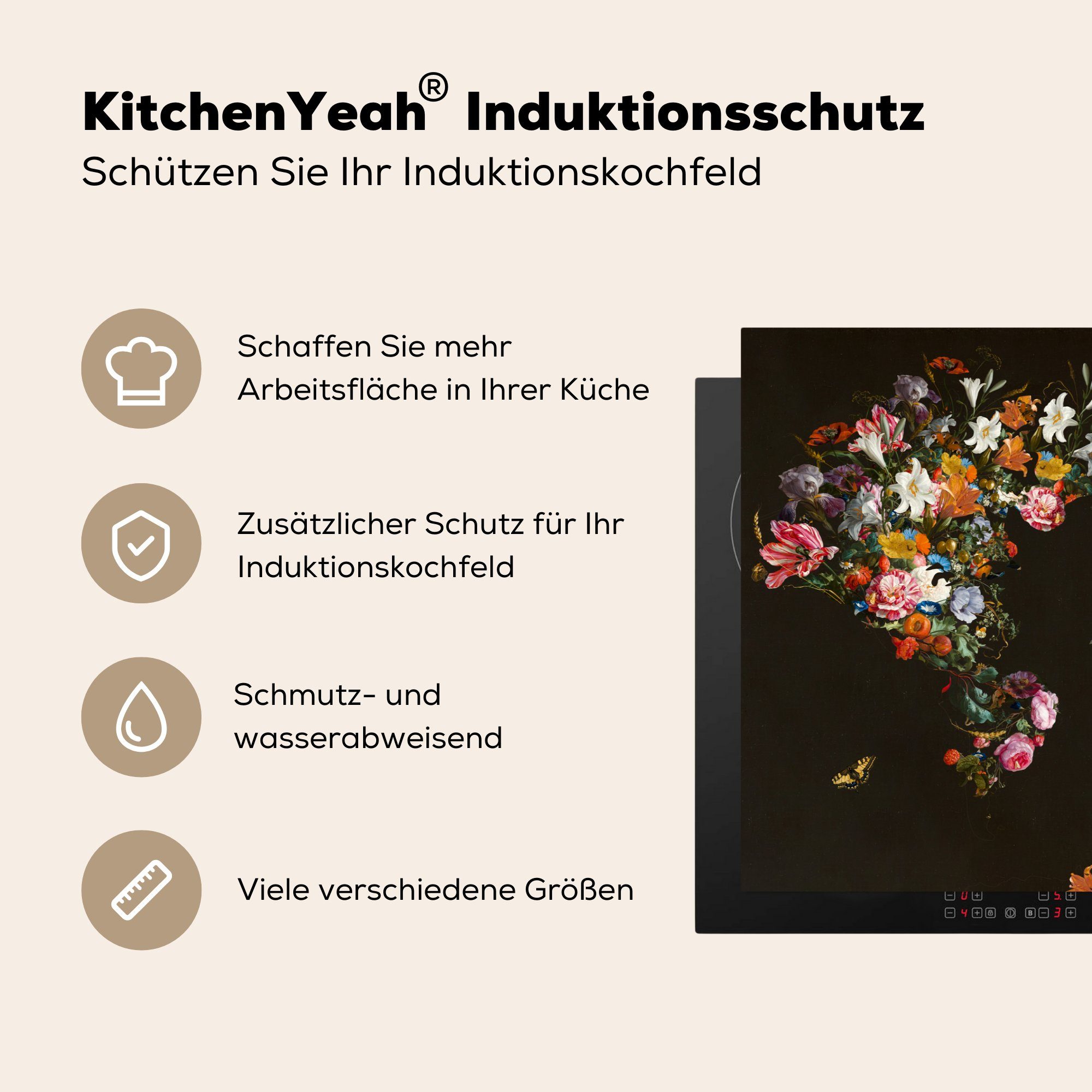 MuchoWow küche, Schwarz, Schmetterling (1 cm, Schutz - Blumen für Herdblende-/Abdeckplatte Vinyl, die - 81x52 - tlg), Ceranfeldabdeckung Weltkarte Induktionskochfeld