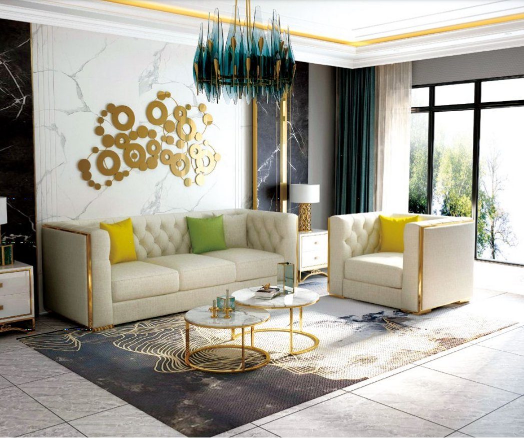 JVmoebel Sofa Designer Weiße Chesterfield Wohnlandschaft Garnitur 3+2+1 Set, Made in Europe