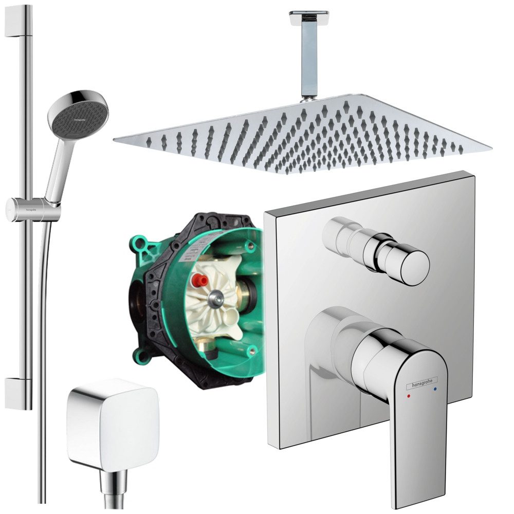 Hansgrohe und Jowi Duscharmatur Vernis Shape, Unterputz Duschsystem, Regendusche mit Deckenanschluss (Unterputz-Duschsystem) Kopfbrause und Deckenanschluss aus Edelstahl