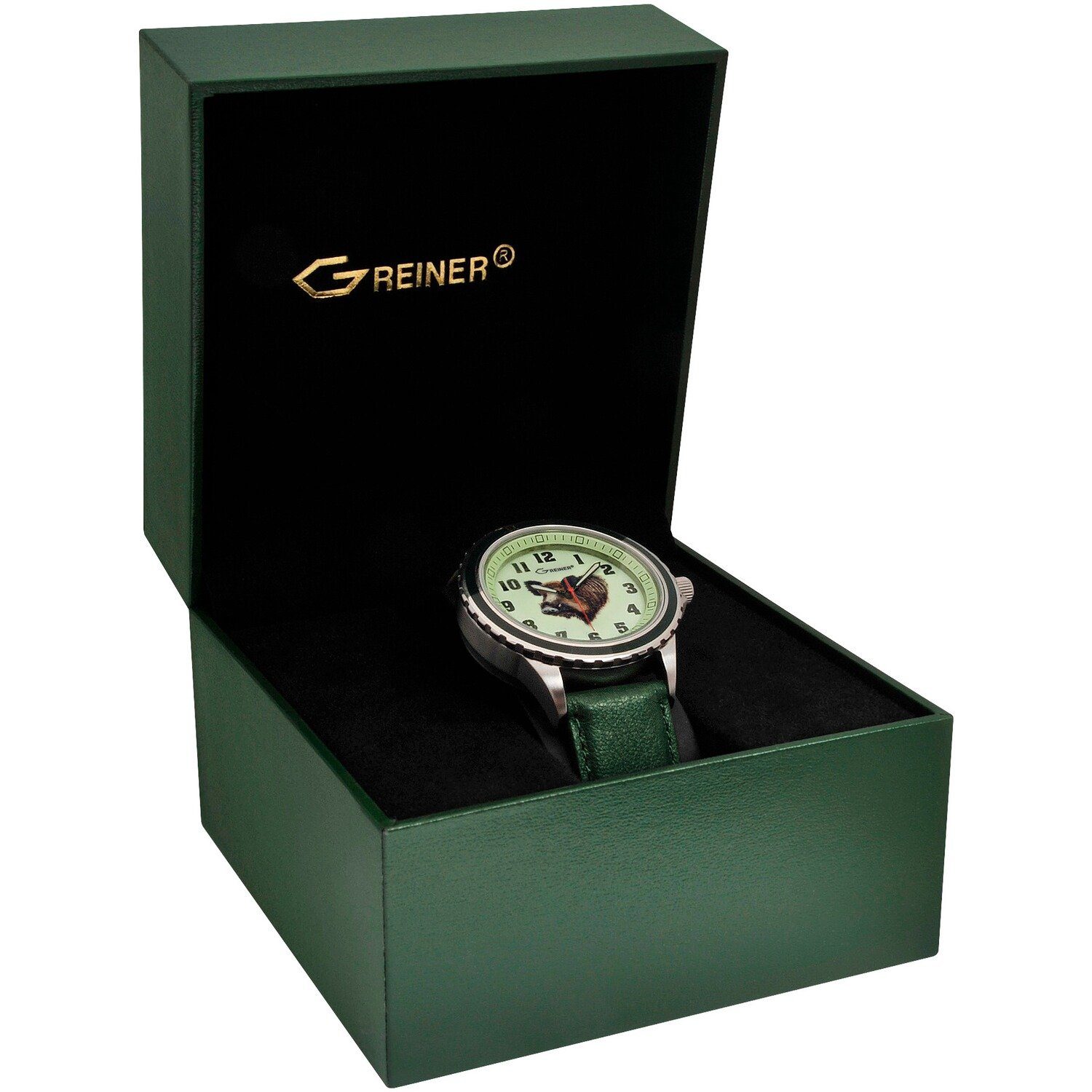 Greiner 1.00.1-D-L) Chronograph - Armbanduhr Ansitz ''Keiler'' (Greiner: Lederarmband Motiv