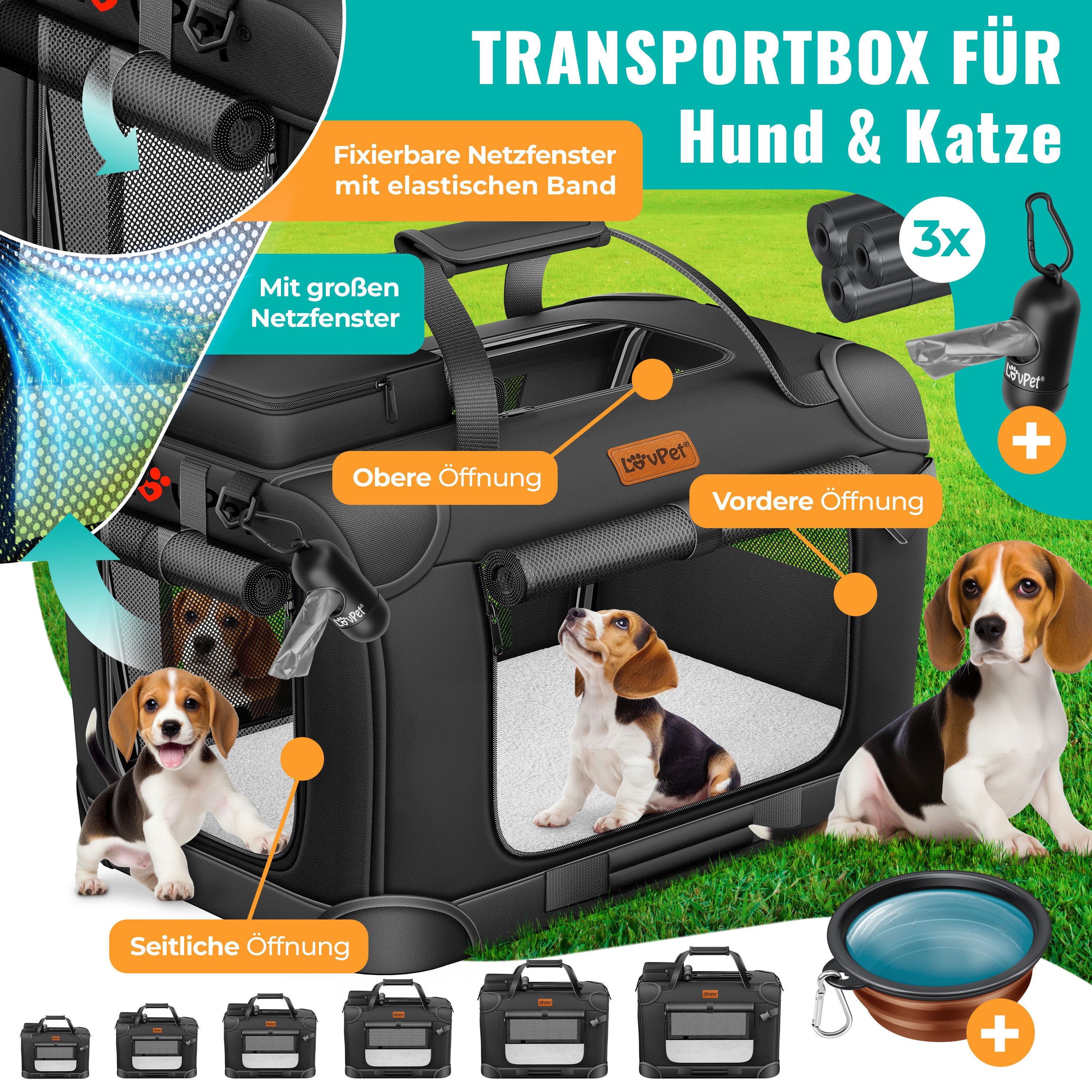 Lovpet Tiertransportbox bis 7 kg, Hundebox Hundetransportbox faltbar Inkl.Hundenapf Transport