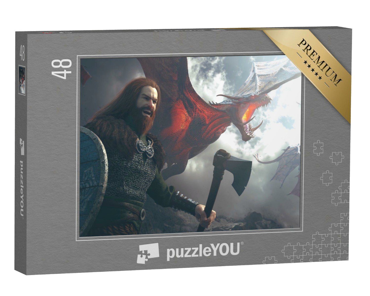 puzzleYOU Puzzle Wikinger mit Axt, beschützt von einem Drachen, 48 Puzzleteile, puzzleYOU-Kollektionen Fantasy
