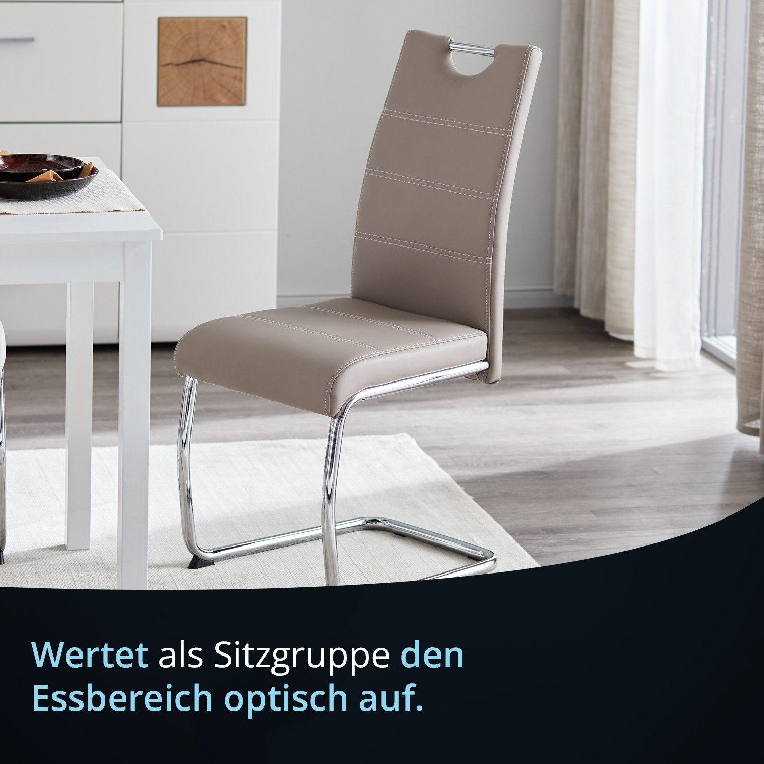 KHG Freischwinger Esszimmerstuhl Kunstleder Beige, bis 120 kg belastbar, Modern, gepolstert, eleganter Look, Metallgestell verchromt mit Griff