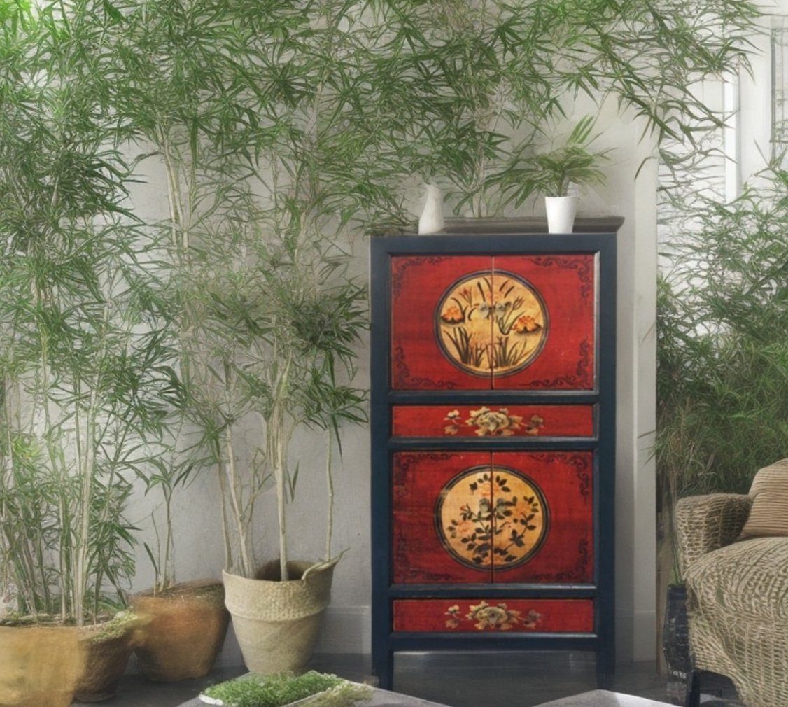 OPIUM OUTLET Kleiderschrank Hochzeitsschrank chinesisch asiatisch orientalisch Kommode Schrank Breite 80 cm; Höhe 154 cm; Tiefe 42 cm, Möbel Vintage-Stil, Hochschrank rot-schwarz, authentische Motive, Asia Möbel aus Holz | Kleiderschränke