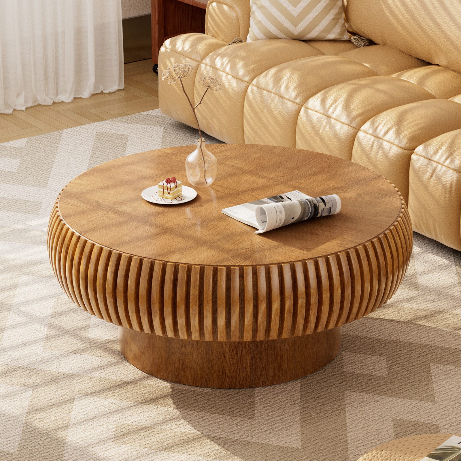 PEALOV Couchtisch rund, Ø 70 cm, mit Rillenstruktur, Braun, H 35 cm (1-St), Moderne Rillenstruktur