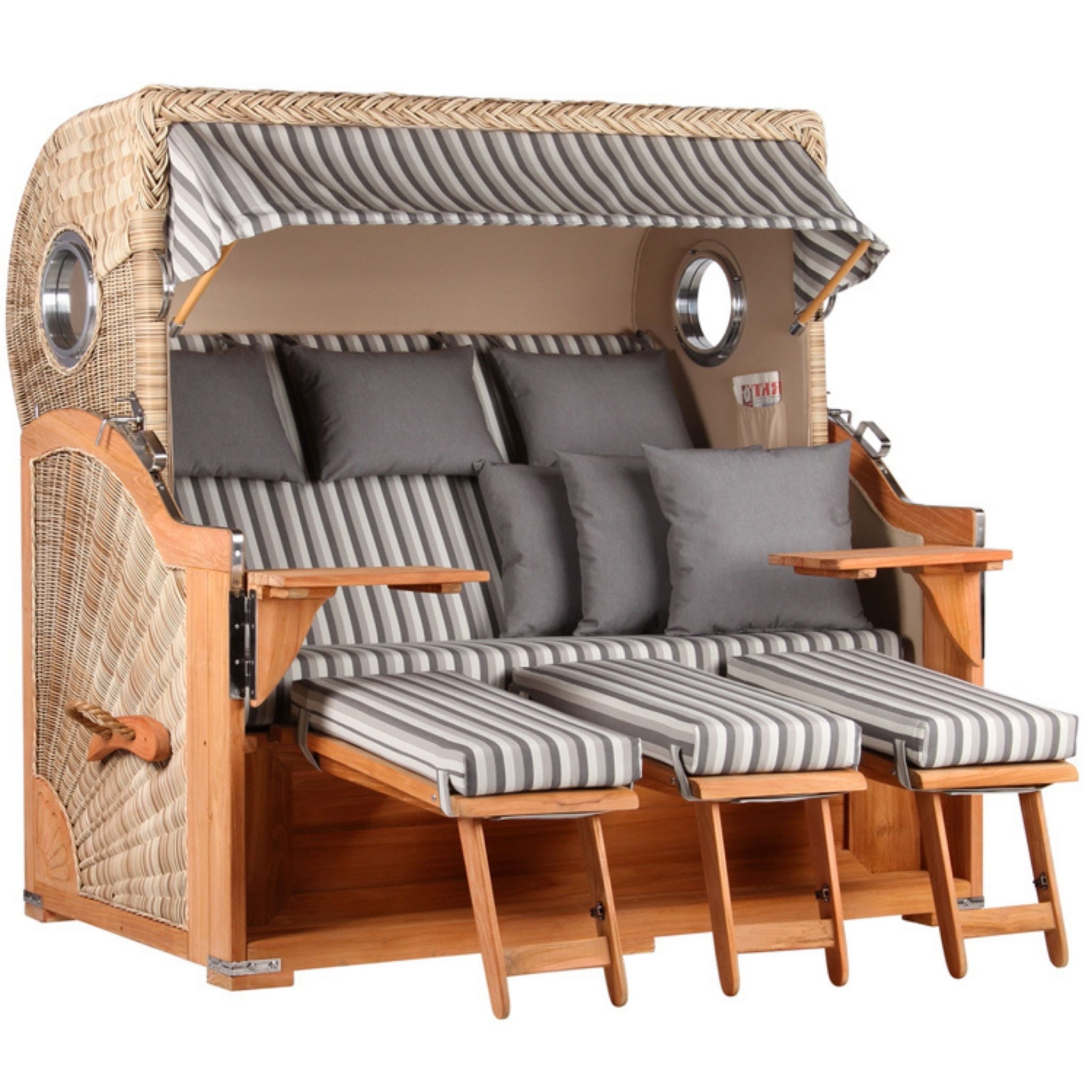 MR.DEKO Strandkorb XXL 3-Sitzer Teak Volllieger 170cm Bullauge, Gestreift, für 3 Personen, BxTxH: 0x0x0 cm, Volllieger, Baltikum XXL, (Luxus-Komplettset 4-tlg. inkl. Abdeckhaube, 4-tlg., Strandkorb inkl. Abdeckhaube, Rollen und Lifter-System), Wetterfestes Komplettset mit Rollen & Lifter, Fertig montiert