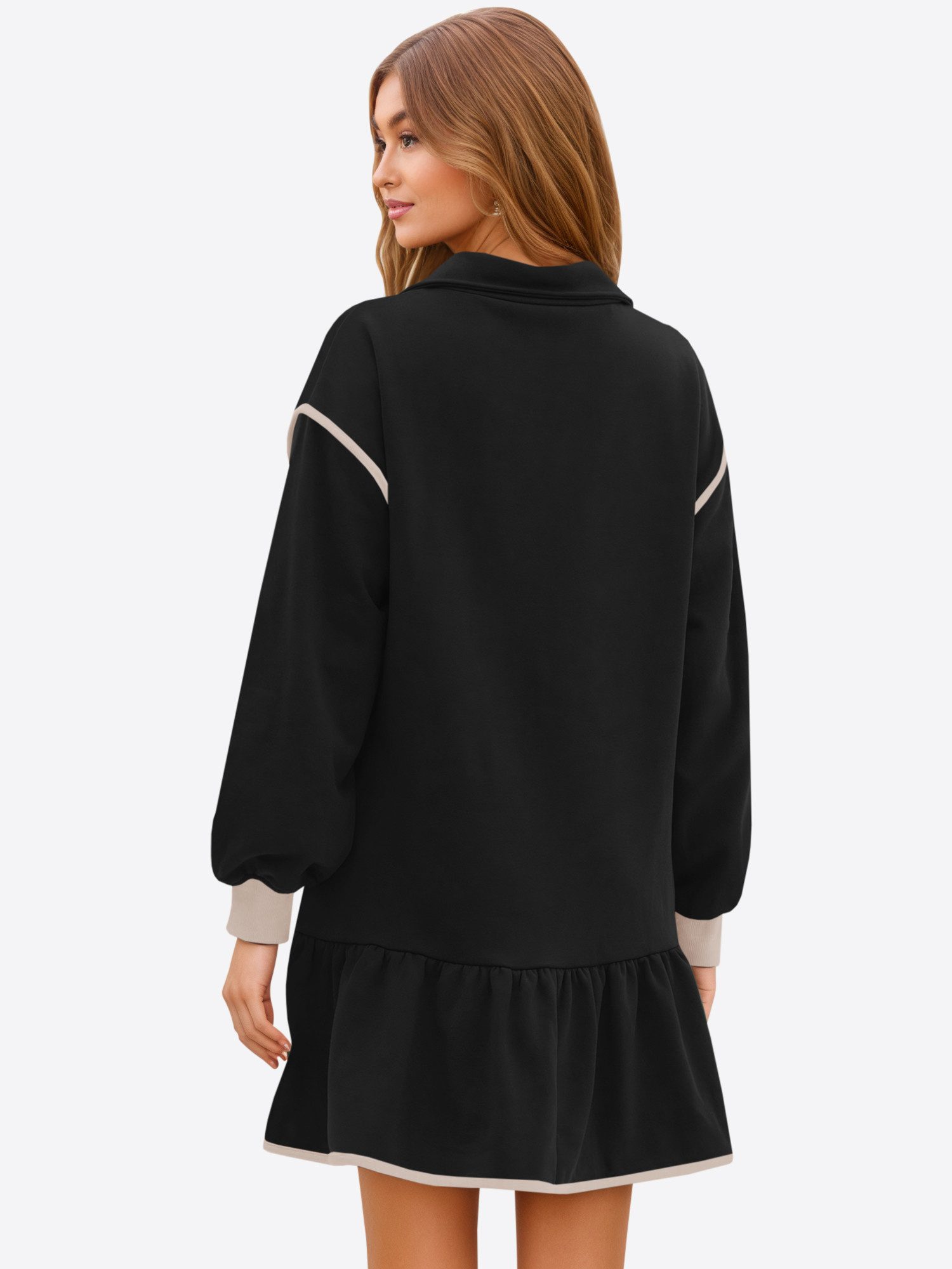 Imily Bela Minikleid Damen Langarm Casual mit Halb-Reißverschluss Kontrastnähten (Packung, 1-tlg., 1per-Pack) mit Ballonärmel Rüschensaum – Bild 2 von 5