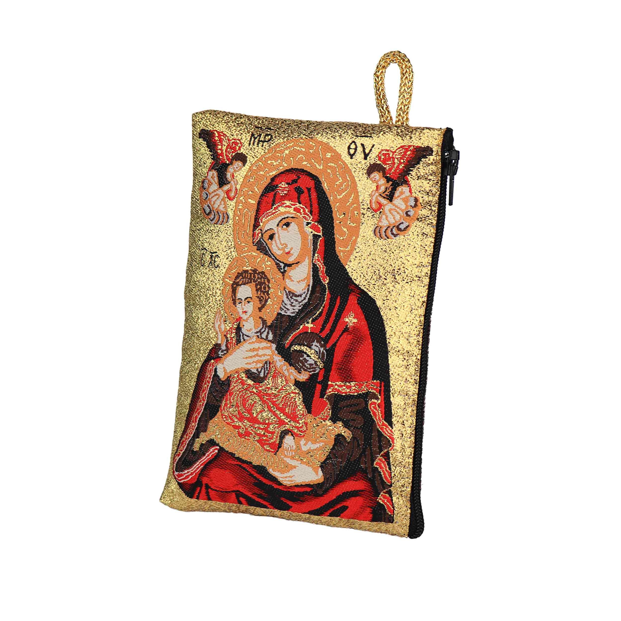 NKlaus Bild Rosenkranz Tasche 10x15cm – Maria mit Jesus, rot-gold bestickt, Religion