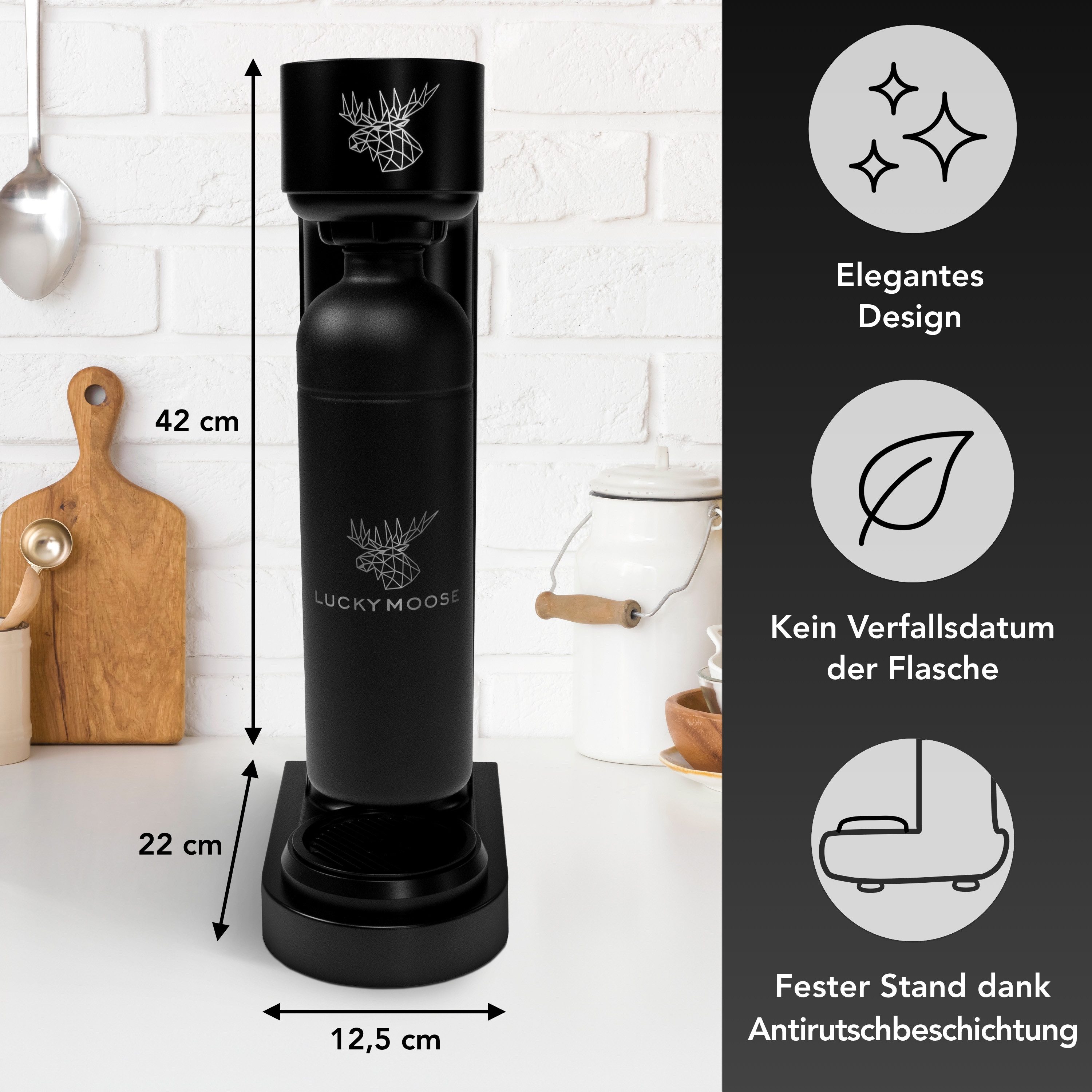 Luckymoose Wassersprudler Infinity mit 2x 1,25L spülmaschinenfesten Edelstahlflaschen, (2x Schwarz-tlg), Spart bis zu 25% CO2, Flaschen spülmaschinenfest & ohne Ablaufdatum