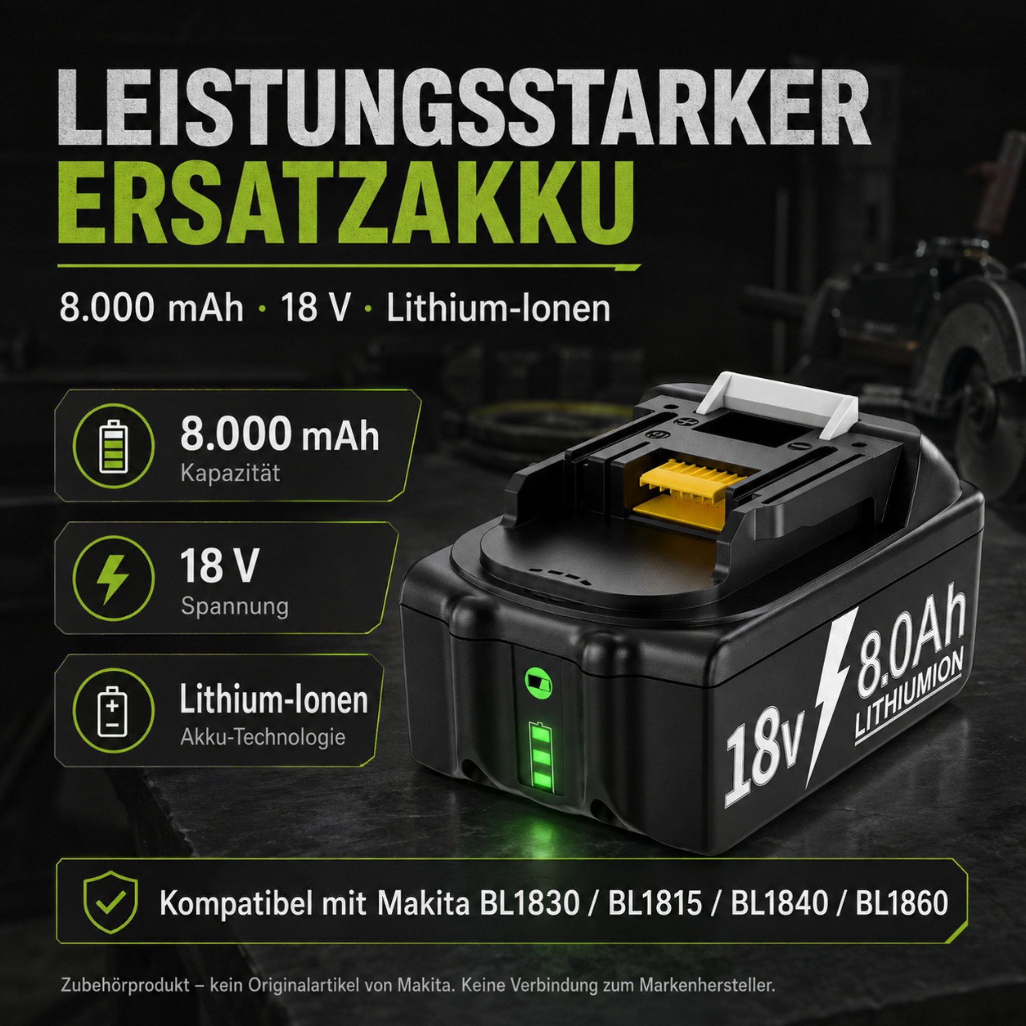 HS.SUPPLY Ersatzakku 18V 8000mAh kompatibel mit Makita BL1830 BL1840 BL1860 Akkupacks 18V 8Ah Li-Ion Ersatzakku Li-Ion 8000 mAh (18 V), Kein Memory-Effekt, wiederaufladbar