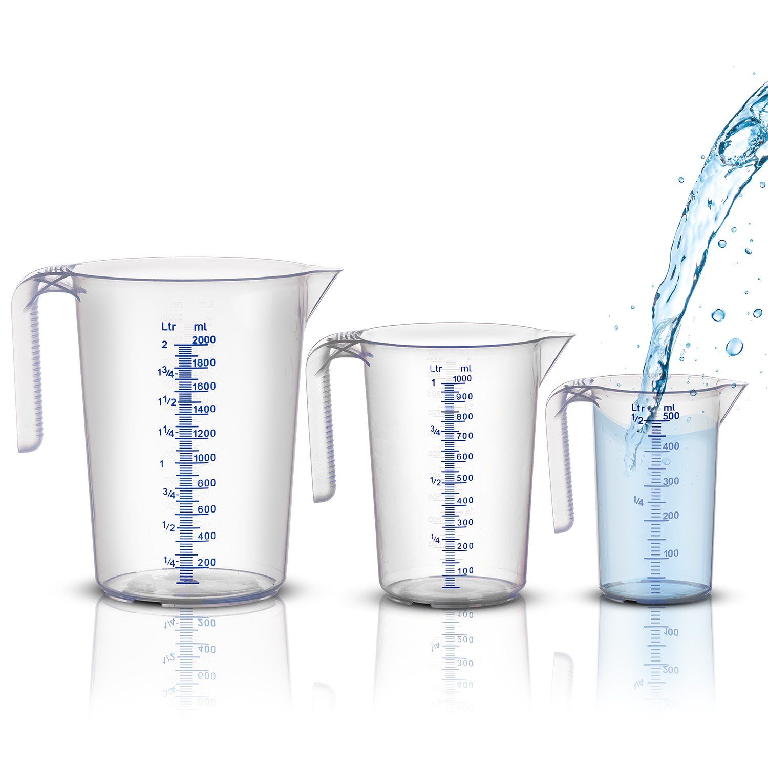 BigDean Messbecher Set - 3 Größen: 500ml, 1L, 2L Skala, hitzebeständig Made in Germany, Kunststoff, (Set, 3-St., Messbecher), Gut ablesbare, feine, blau & weiß geprägte Mess-Skala, Säurebeständig
