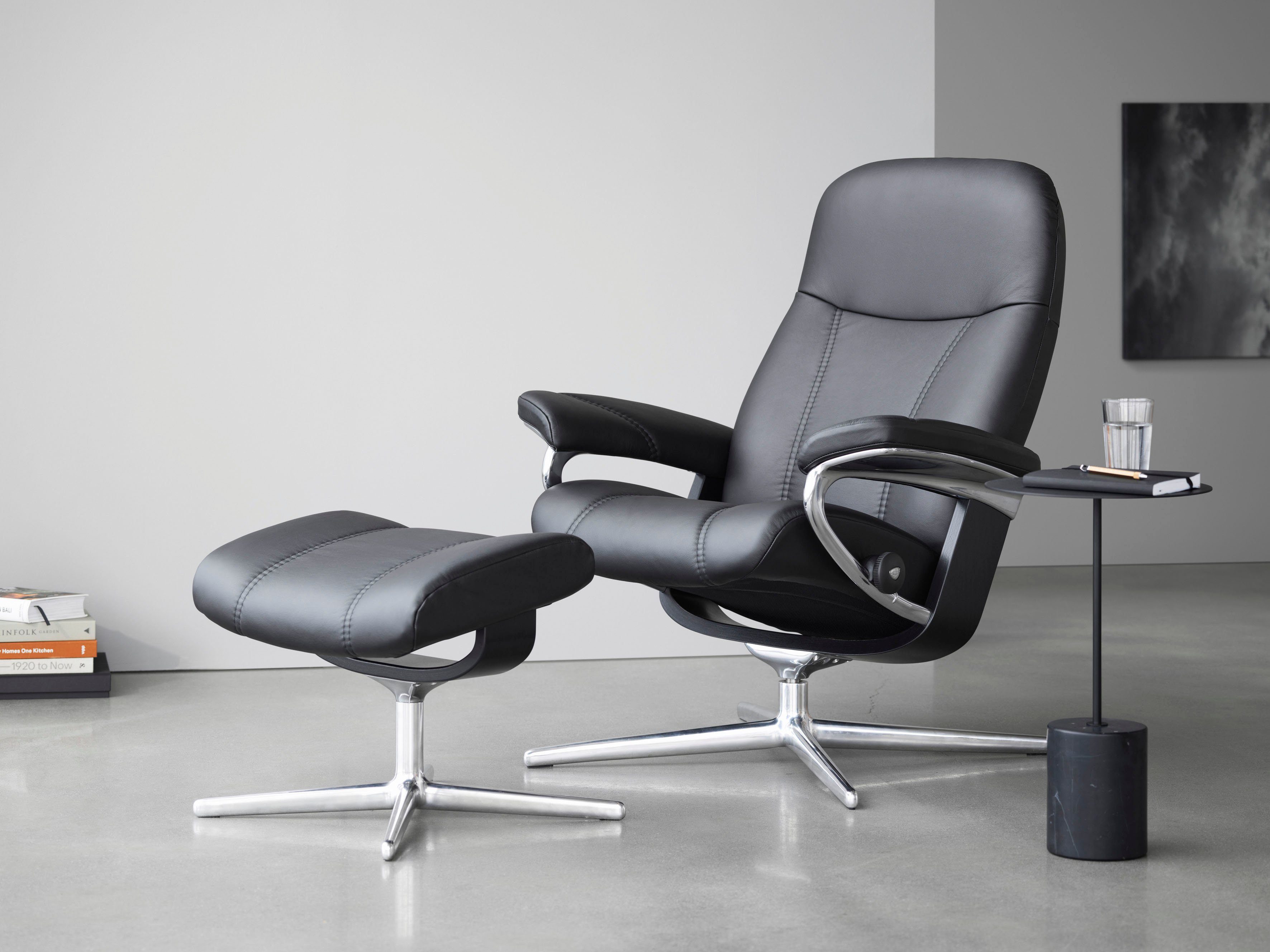 Stressless® Relaxsessel Consul (Set, Relaxsessel mit Hocker), mit Hocker, mit Cross Base, Größe S, M & L, Holzakzent Schwarz