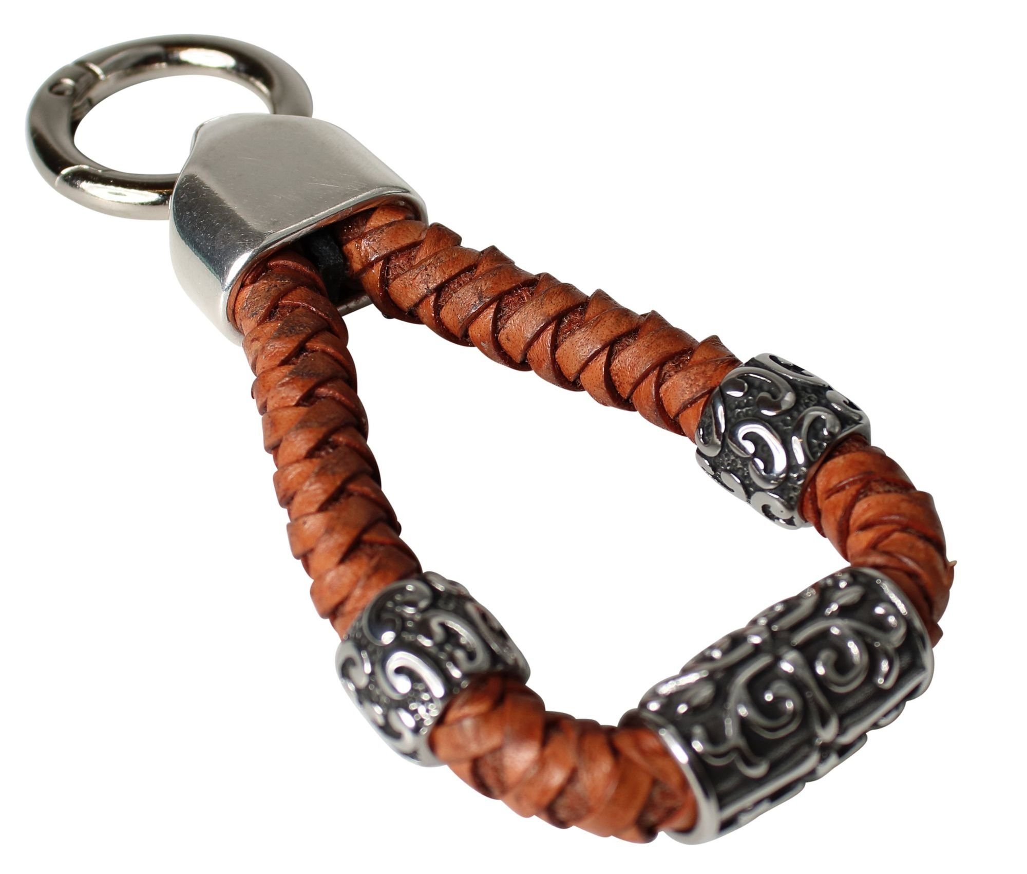 FRONHOFER Schlüsselanhänger 18762, Schlüsselanhänger mit und Lederkordel Metallperlen tollen edler Cognac