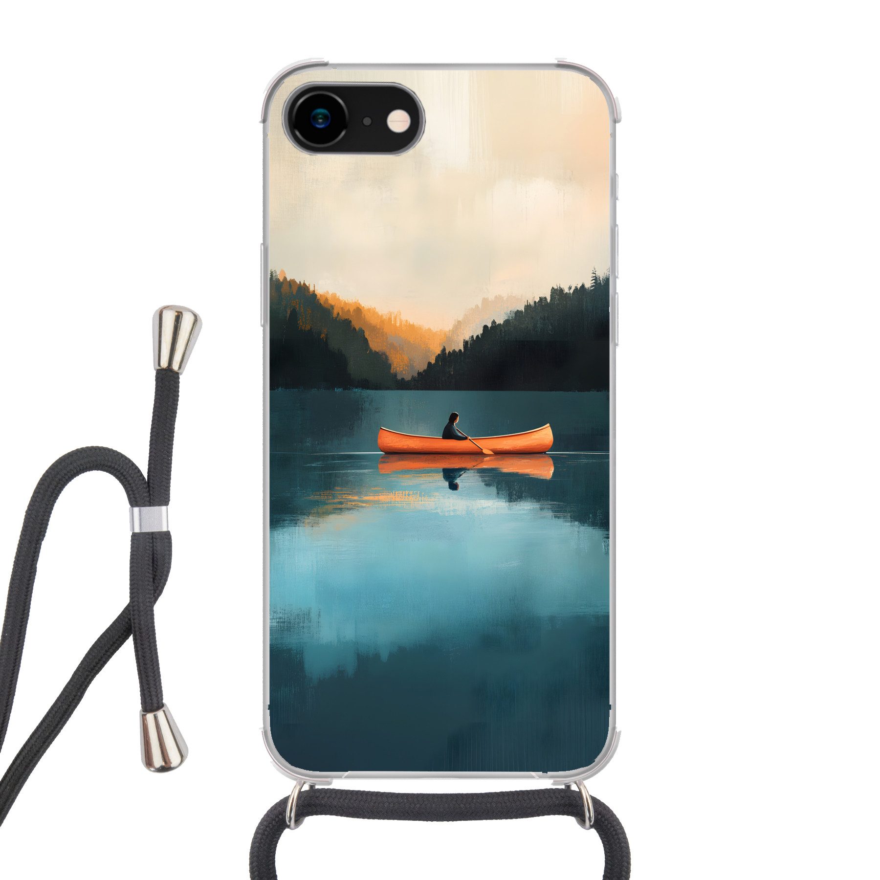 MuchoWow Handyhülle für Apple iPhone 7 Wälder - See - Kanu - Orange, Tragbare Handyhüllen mit Kette zum umhängen, Handykette Handyband