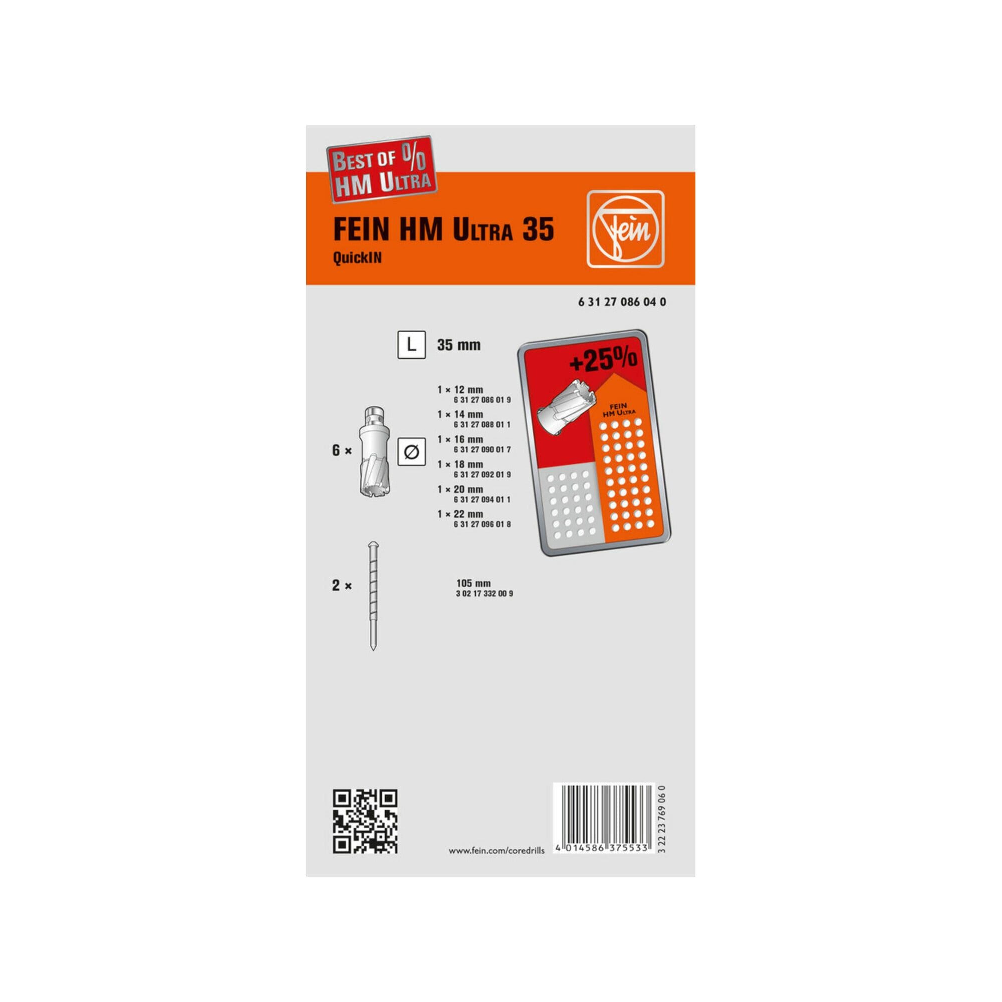 Fein Metallbohrer Fein Zubehörset Best of Kernbohrer HM-Ultra 35 QI Ø 12,14,16,18,20,22
