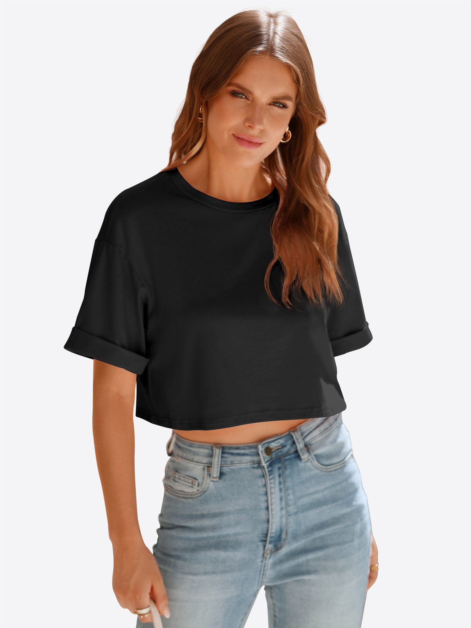 Imily Bela T-Shirt Damen bauchfreie Kurzbluse (Packung, 1-tlg., 1per-Pack) krempelbar