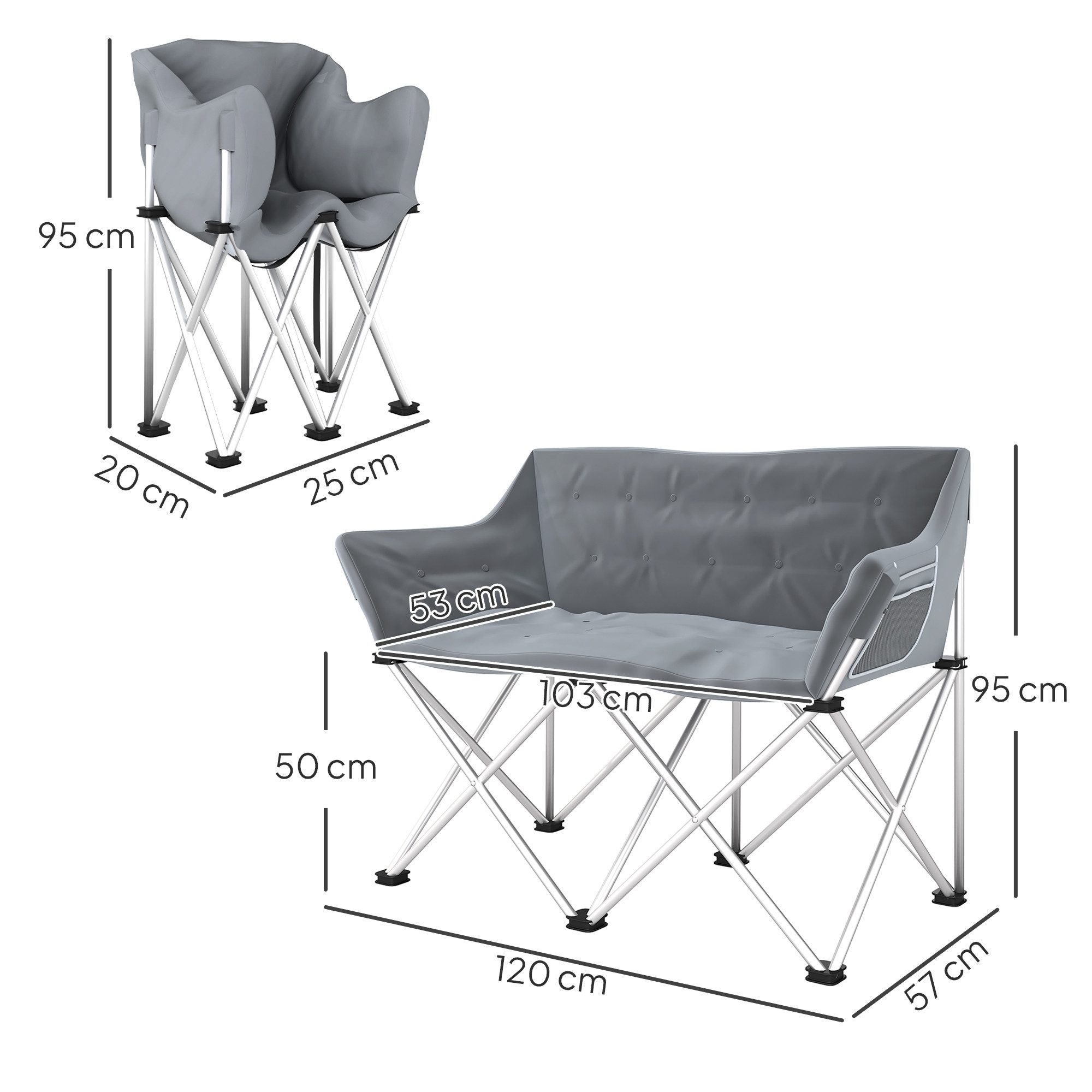 Outsunny Campingstuhl Faltstuhl faltbar mit Armlehnen Seitentasche Outdoor Klappstuhl (2 Sitzer Faltstuhl, 1 St), bis 240kg belastbar, für Garten Camping Strand