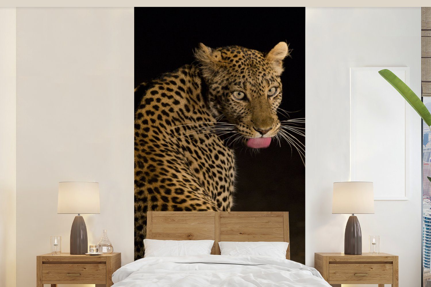 MuchoWow Fototapete Leopard - Zunge - Nacht, Matt, bedruckt, (2 St), Vliestapete für Wohnzimmer Schlafzimmer Küche, Fototapete