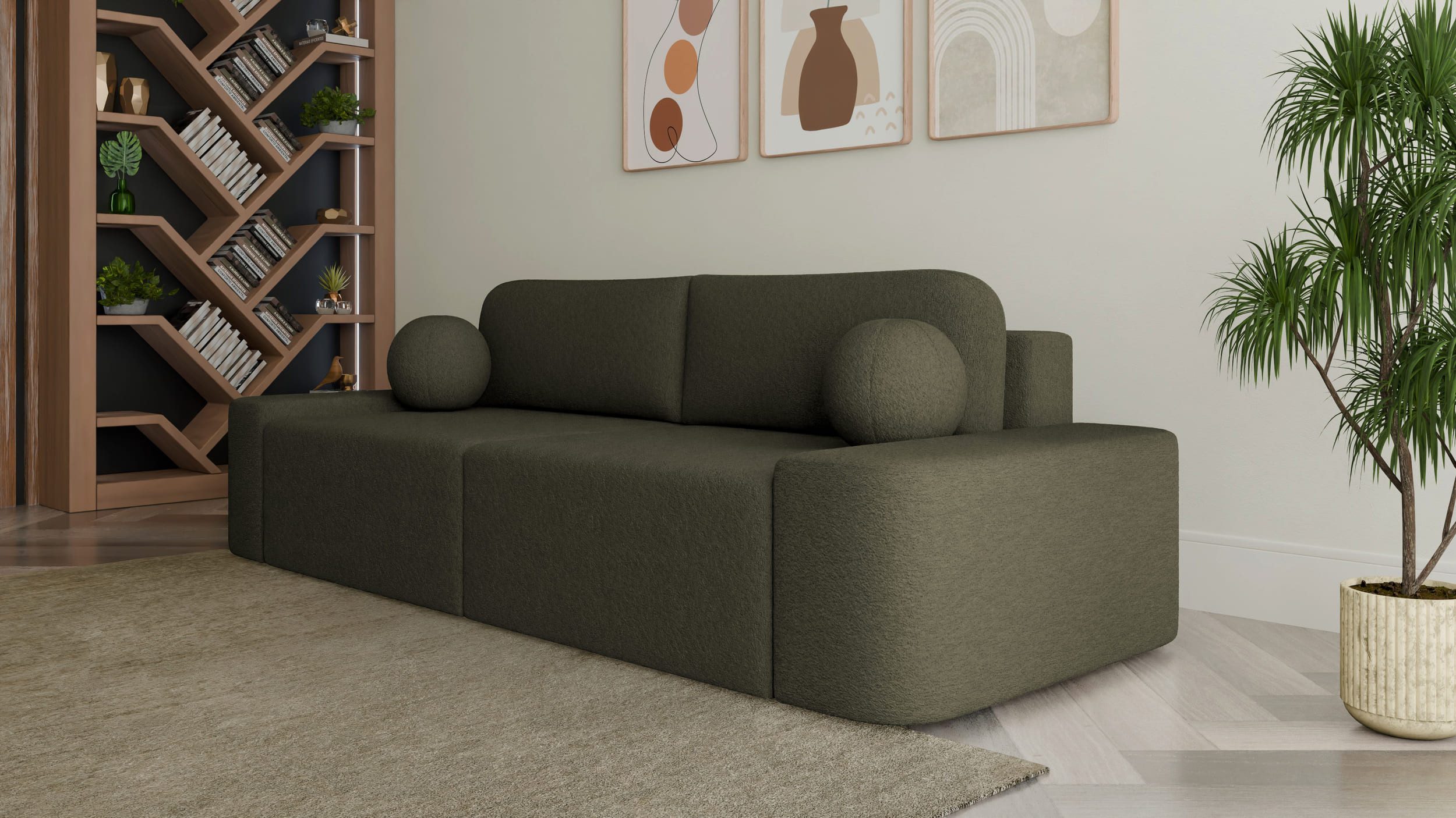 MOEBLO Sofa Lisbon aus Bouclé, – 268 cm – modernes Sofa mit Bettfunktion, Bettkasten & gepolstertem Rücken & Zierkissen – Komfort-Couch fürs Wohnzimmer, Couch Polstermöbel Sitzmöbel Wohnzimmermöbel 3-Sitzer-Sofa Stoffsofa, (BxHxT):268x85x110 cm