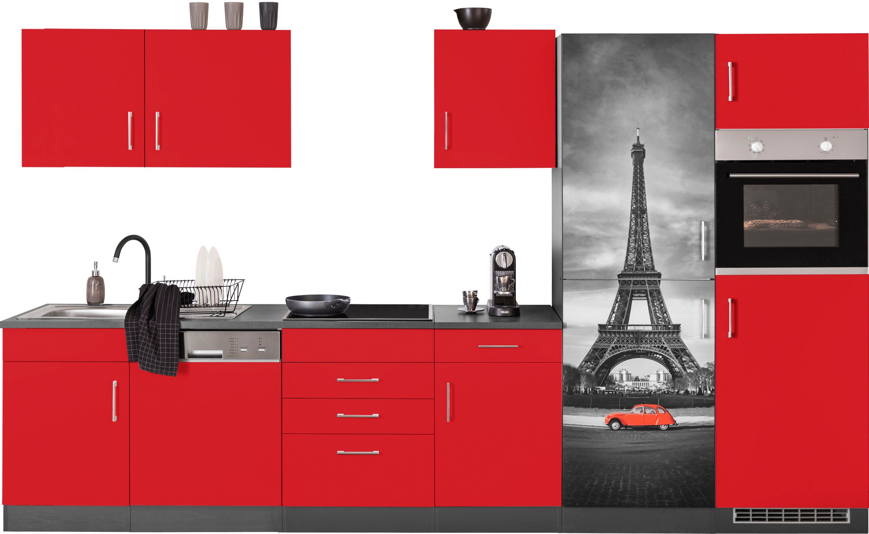 KOCHSTATION Küchenzeile KS-Paris – Küchen mit einzigartigen Fotomotiven auf den Fronten, Breite 340 cm, wahlweise mit E-Geräten und Induktion