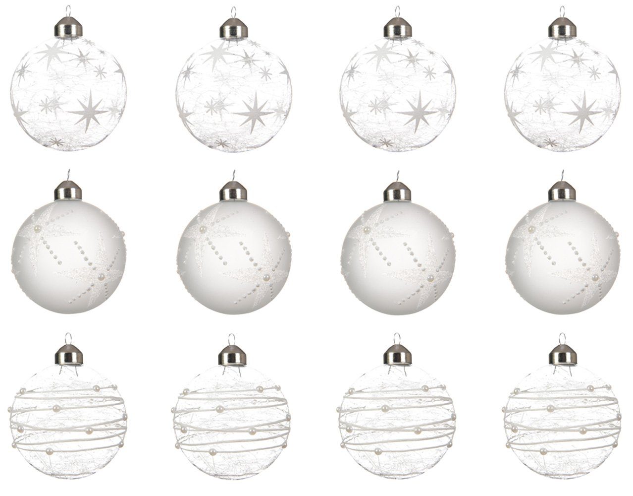 Decoris season decorations Weihnachtsbaumkugel, Weihnachtskugeln Glas Sterne Streifen 8cm weiß transparent, 12er Set
