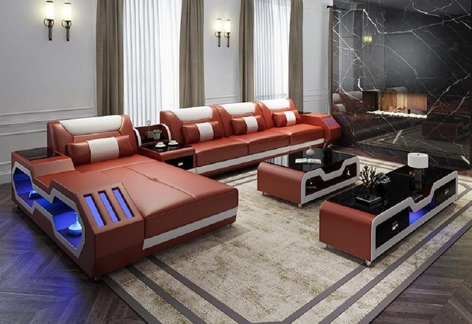 Zögern Sie nicht, zu bestellen JVmoebel Wohnzimmer-Set L Form Couchtisch Design + Orange/Weiß Wohnlandschaft Ecksofa led + Sideboard