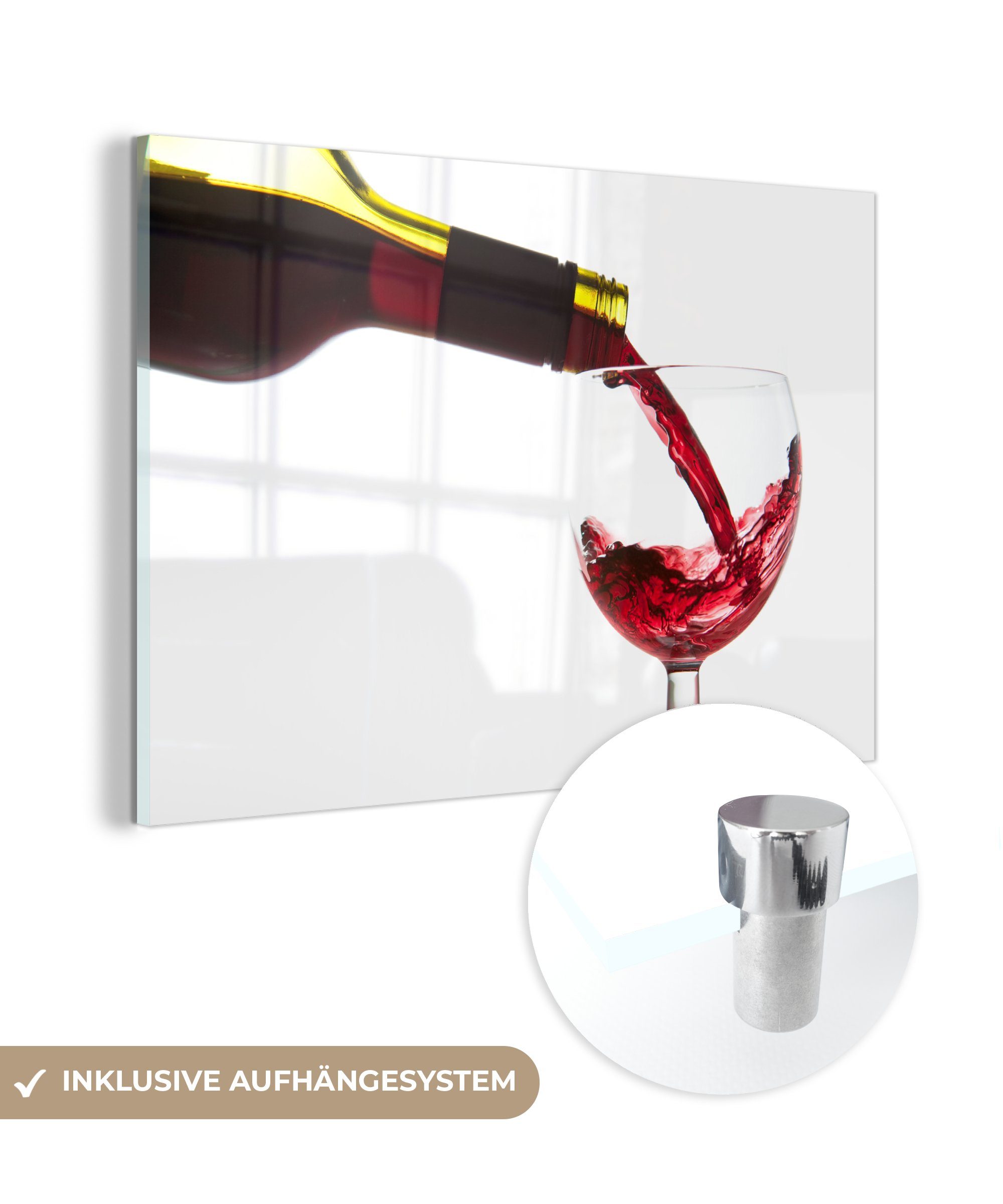 MuchoWow Acrylglasbild Rotwein in ein Weinglas gegossen, (1 St), Acrylglasbilder Wohnzimmer & Schlafzimmer