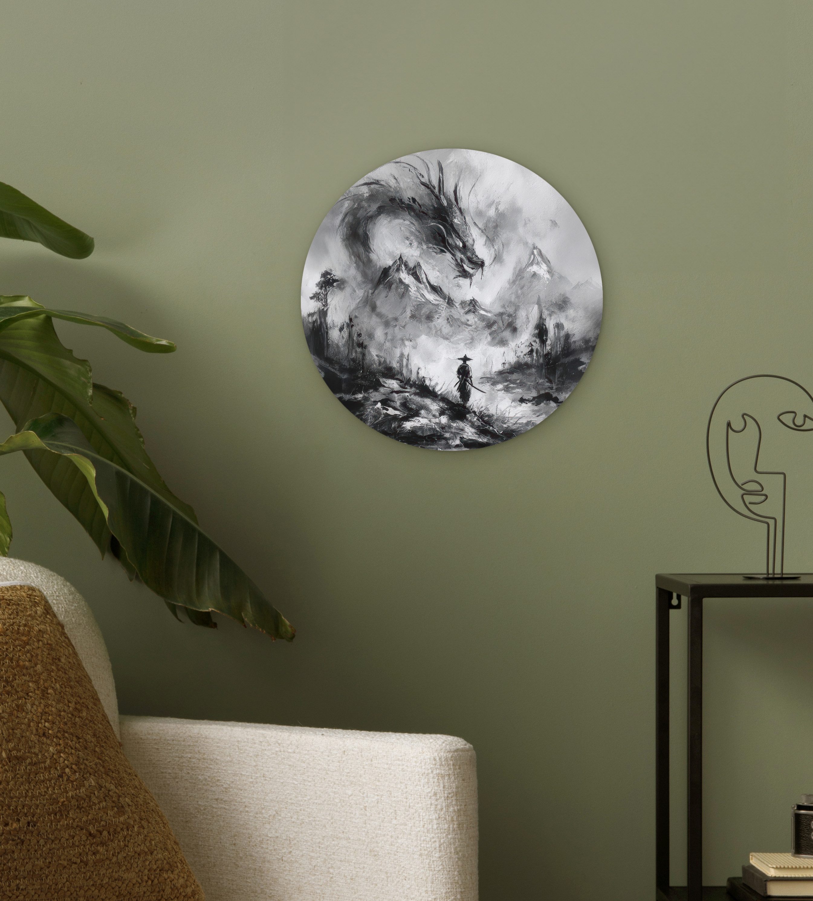 MuchoWow Gemälde Krieger - Drache - Grau, Fotodruck (1 St), Kreis Wanddekoration, Rundes Wandbild, 30x30 cm