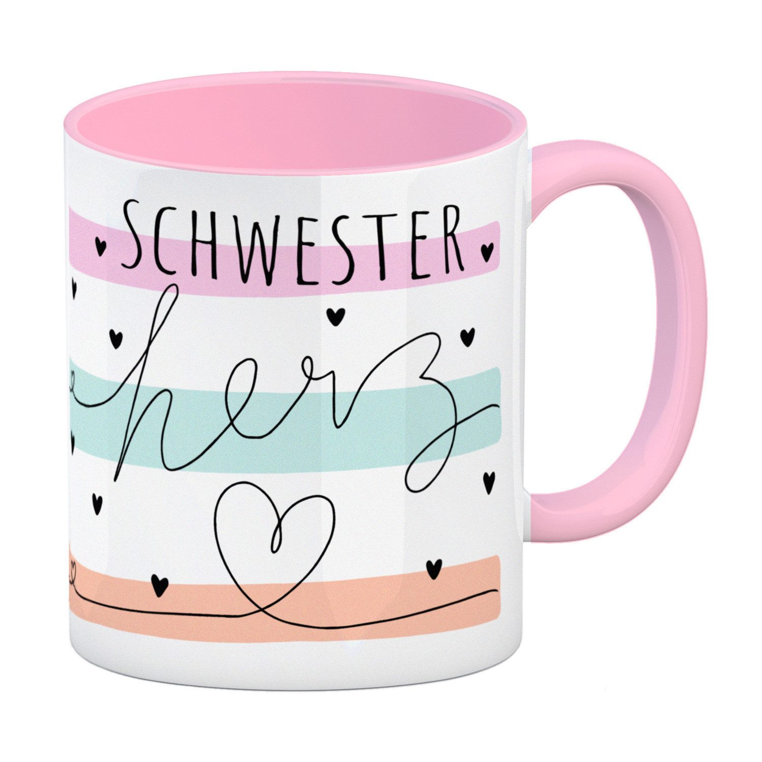 Tasse Herzen Kaffeebecher in rosa mit Spruch Schwesterherz