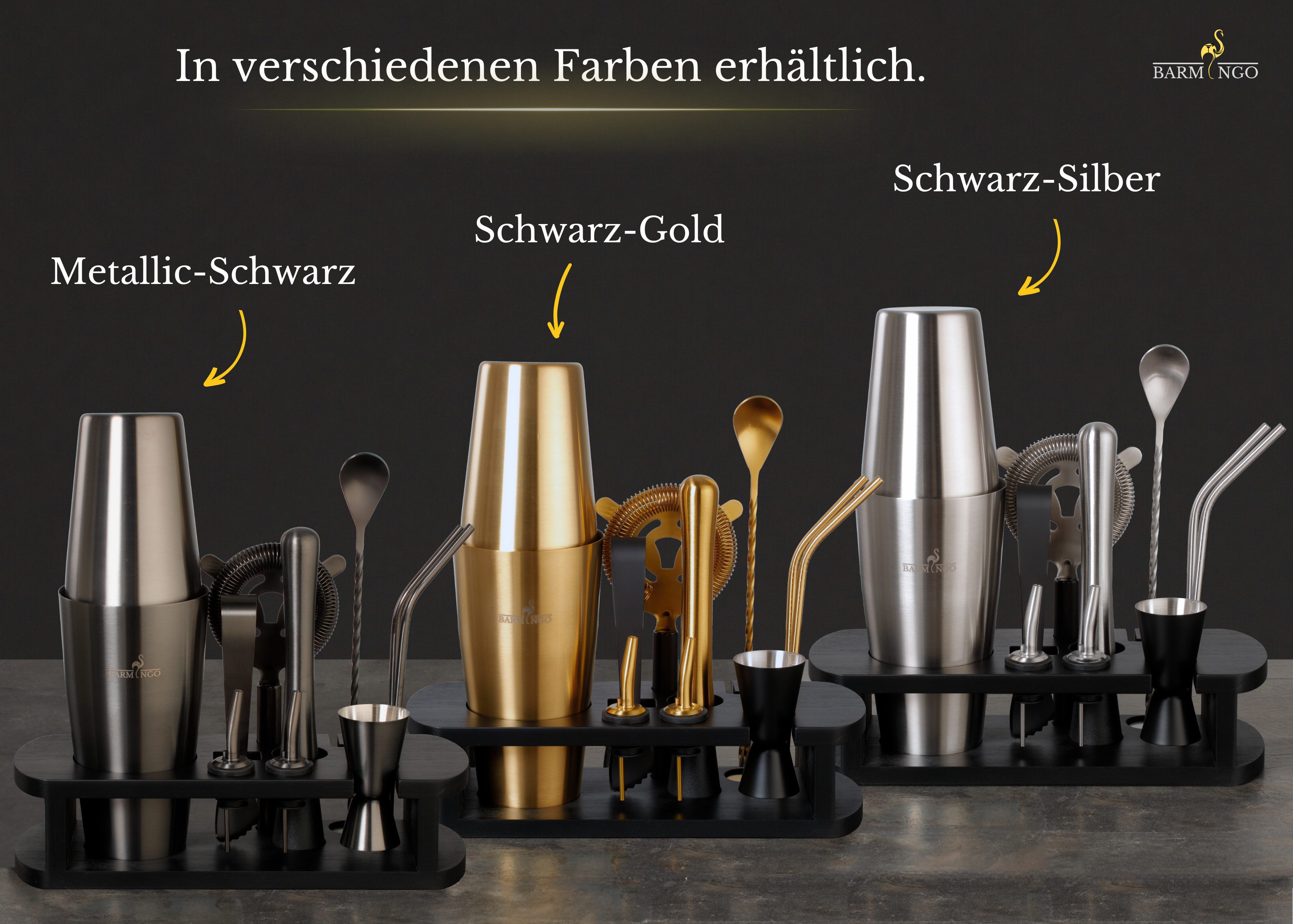 BARMINGO Cocktail-Set Edelstahl Boston Cocktail Shaker Set (825 ml) mit Bar Zubehör, (Cocktailshaker Set, 11-tlg., Für Profis und Anfänger), Cocktail Zubehör mit hochwertigem Bambusständer