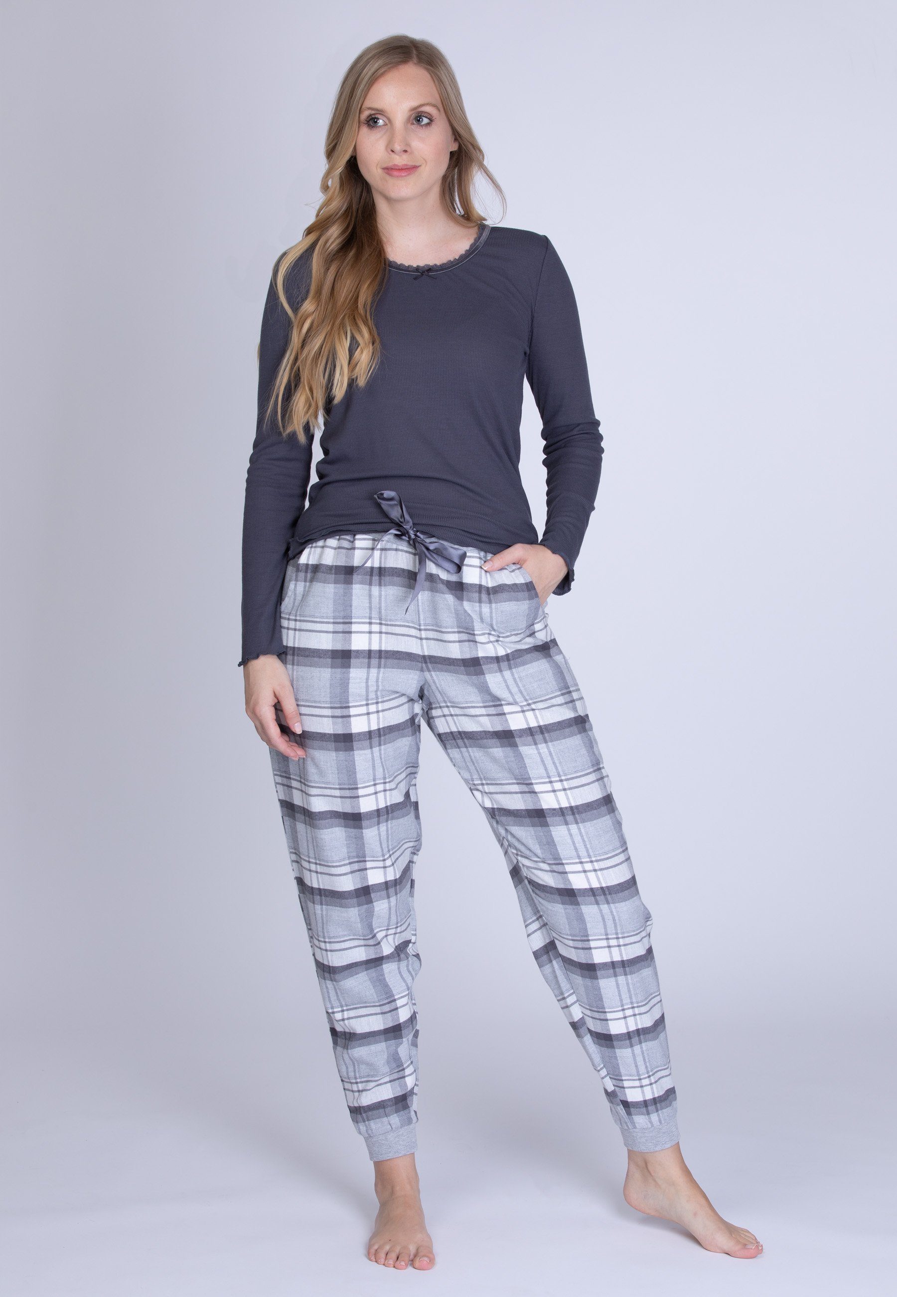 maluuna Pyjama Damen Schlafanzug mit Flanellhose und Bündchen günstig online kaufen