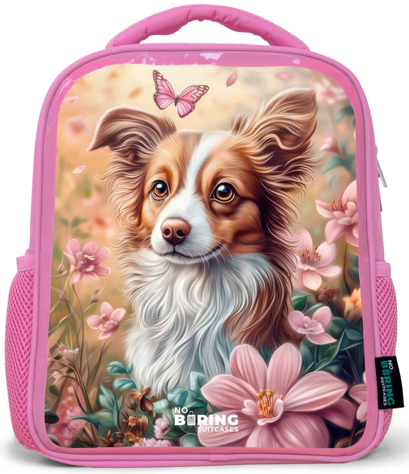 NoBoringSuitcases.com© Rucksack Rosa - Hund im Blumenfeld mit Schmetterlingen, Kinderrucksack, Schulrucksack, Freizeitrucksack, Mädchen, Kindergarten