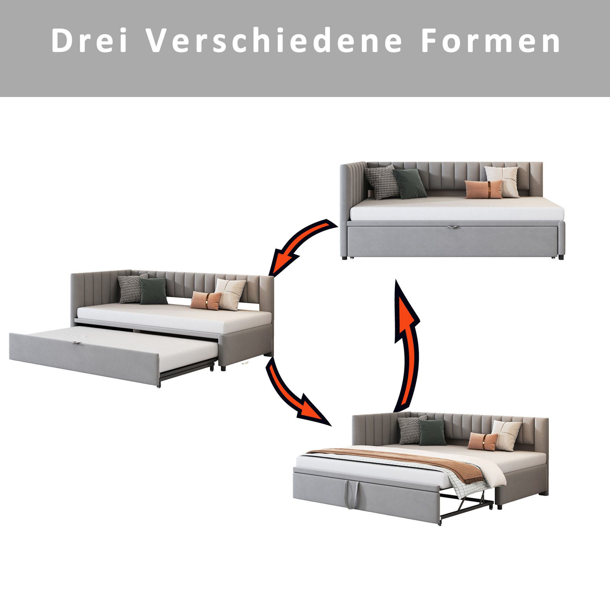 Schlafsofa Polsterbett Ausziehbar 90/180*200cm Lattenrosten Samtstoff Beige/Grau