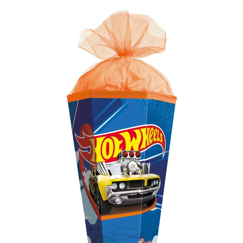 Roth Schultüte Hot Wheels, 85cm, eckig, mit Rot(h)-Spitze und orangefarbigem Tüllverschluss