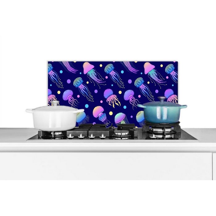 MuchoWow Küchenrückwand Quallen - Neon - Muster - Regenbogen (1-tlg) Wandschutz gegen Fett und Schmutzflecken für Küchen