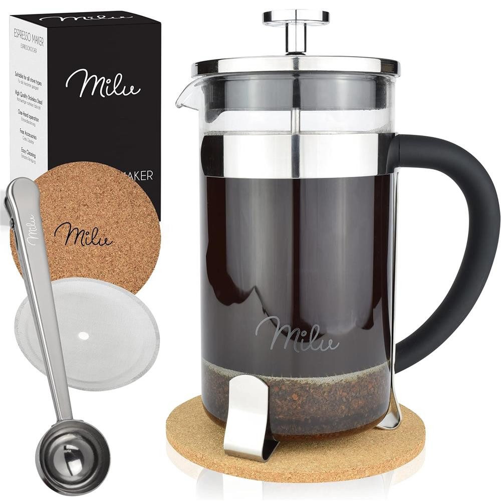 Milu French Press Kanne, 350l Kaffeekanne, Edelstahl/Glas, Kaffeebereiter, Kaffeepresse, Silber