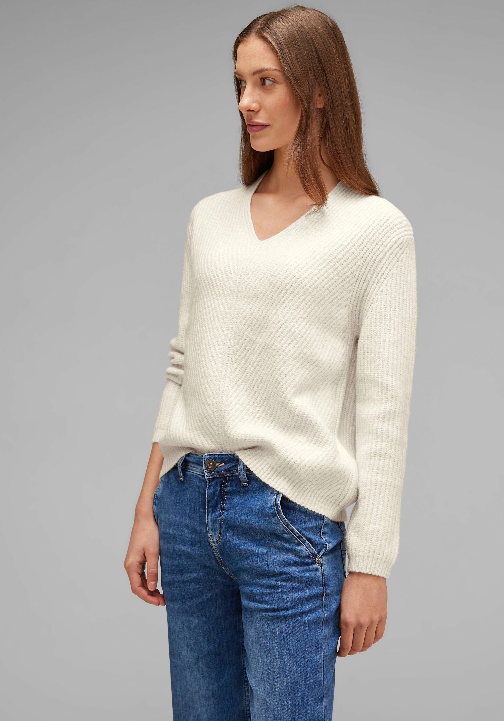 STREET ONE V-Ausschnitt-Pullover mit Rippenstruktur cream white | V-Pullover