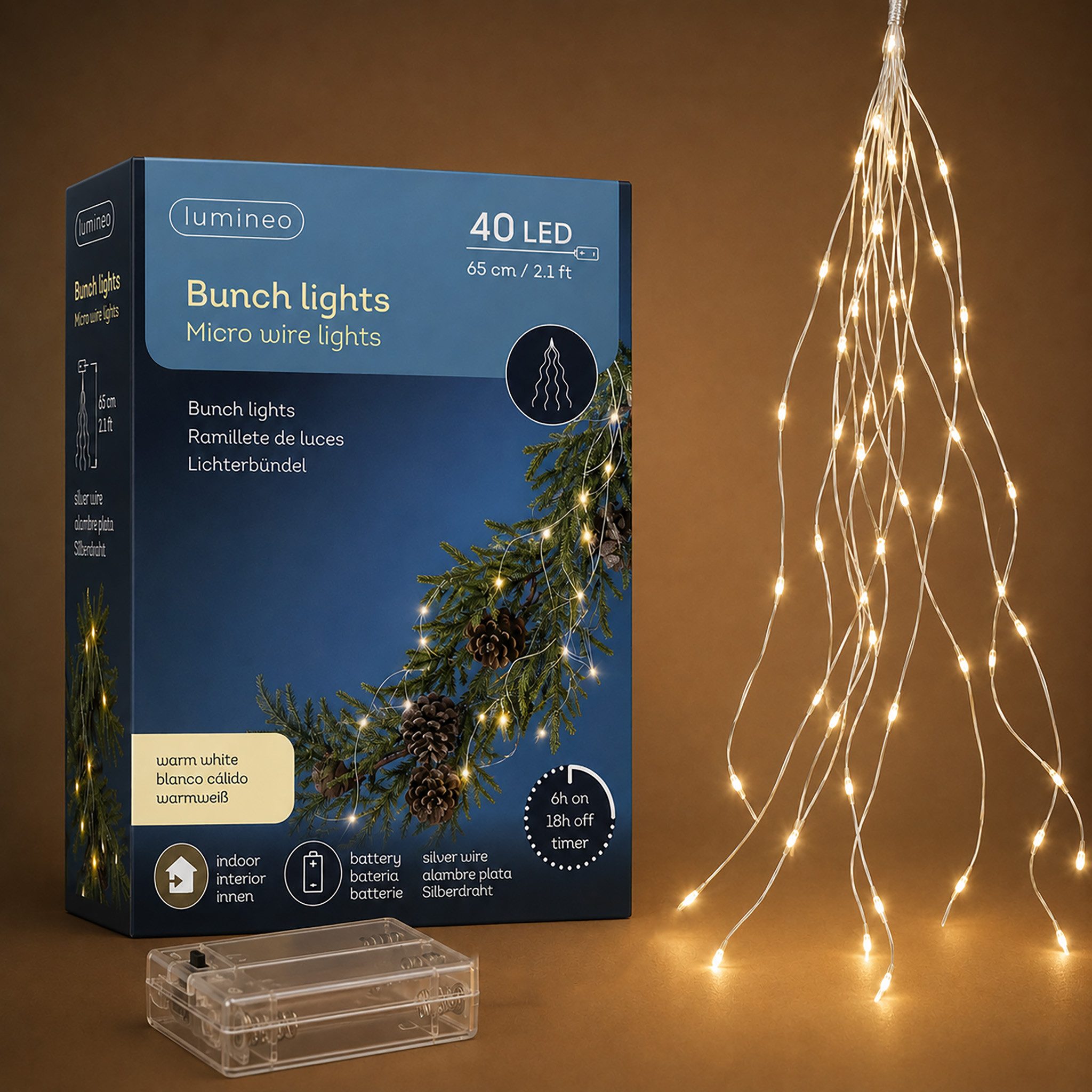 Lumineo LED-Lichterkette, LED Lichterbündel 65cm mit 40 warmweißen Lichtpunkten Silber