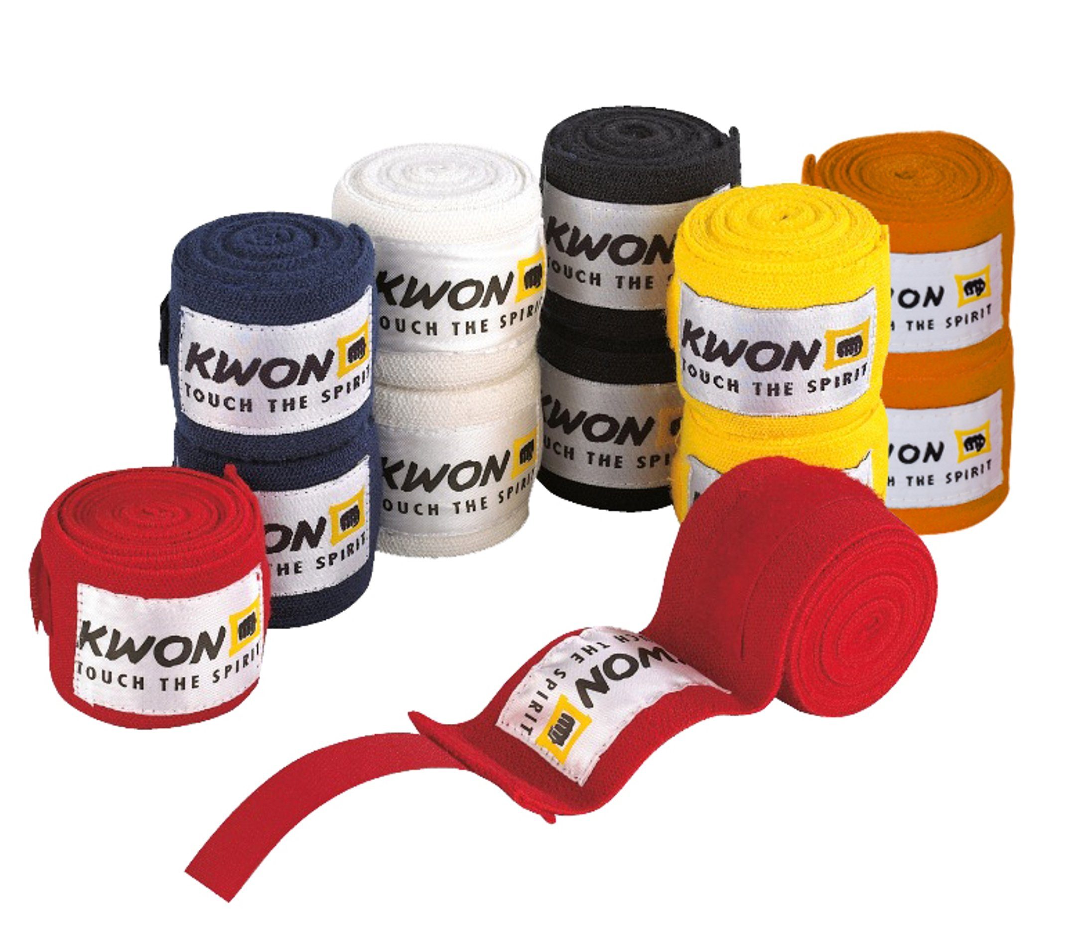 KWON Boxbandagen elastisch 2,5 m Wickelbandagen Handbandagen Boxen Kickboxen, Paar, elastischem Material, Klett, Daumenschlaufe gelb