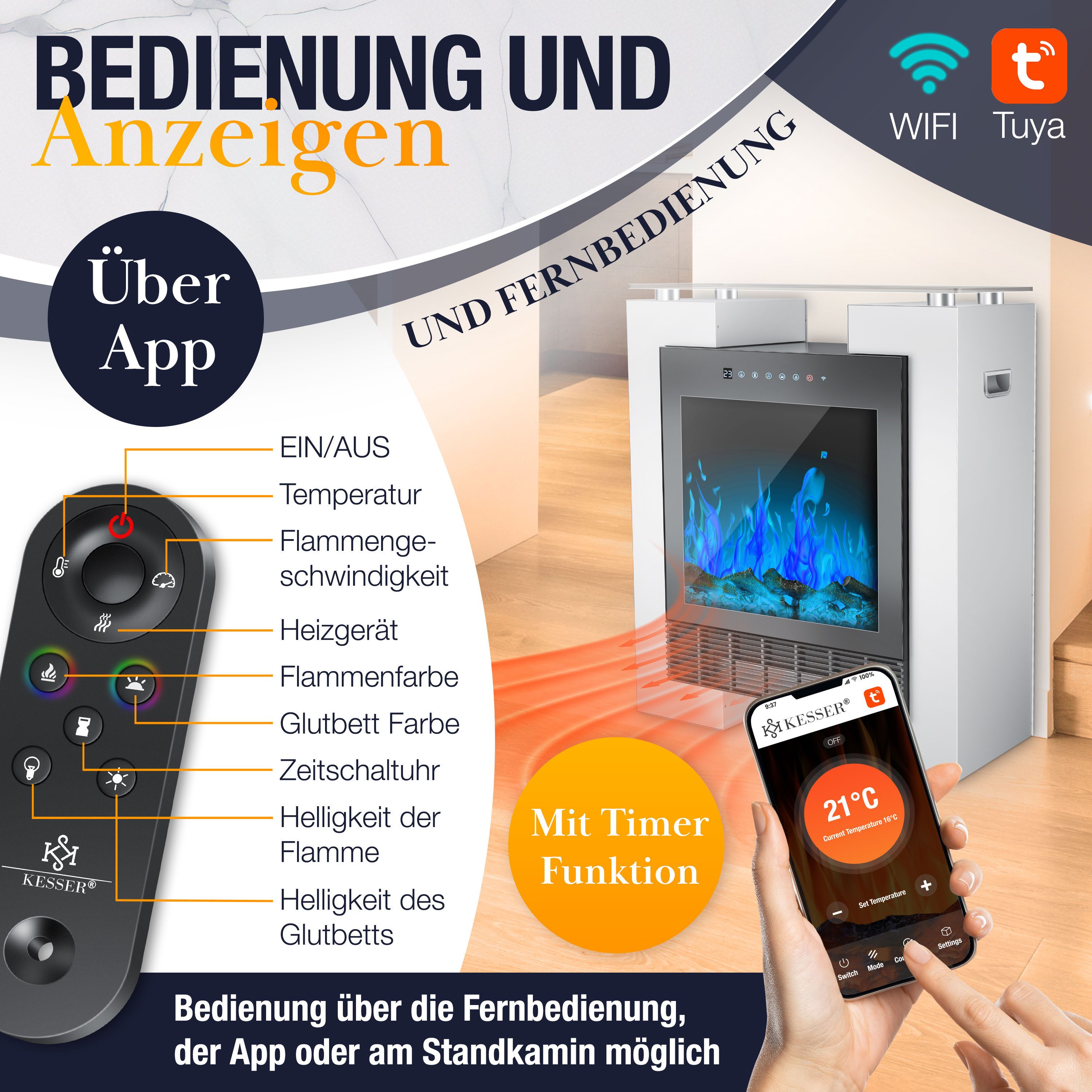 KESSER Elektrokamin LED Kamin mit Heizung & Thermostat Flammeneffekt per App Fernbedienung, Heizlüfter 15-35°C, Standkamin mit realistischem Feuer, Timer & WLAN – Bild 5 von 5
