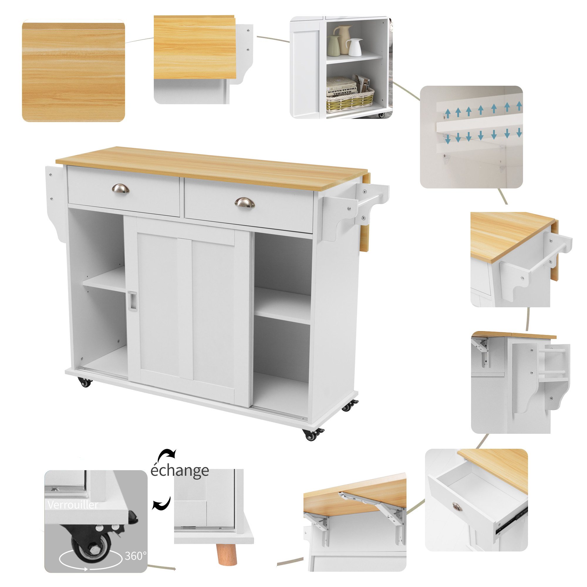 Odikalo Anrichte Esszimmerwagen klappbare Arbeitsplatte austauschbaren Massivholzfüßen