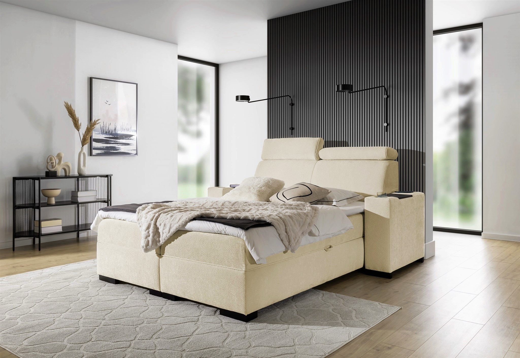 Fun Möbel Boxbett Bett NESTOR in Stoff Dress Me Set.2 inkl. 2 x Nachttisch (inkl. Bettkasten und Topper, Einstellbare Kopfstützen), Nachttische mit Stauraum, Becherhalter und Handy-Ladegerät