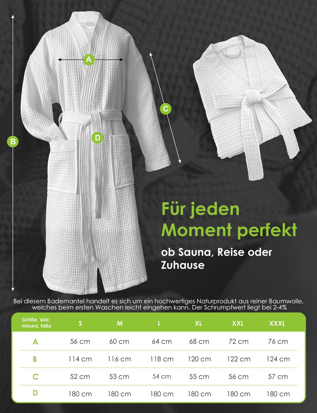 heimtexland Bademantel Reisebademantel Saunamantel Waffelpique Bademantel, Midilänge, 2 Taschen I Bindegürtel, Gürtel, leicht I atmungsaktiv I kleines Packmaß I 100% Baumwolle