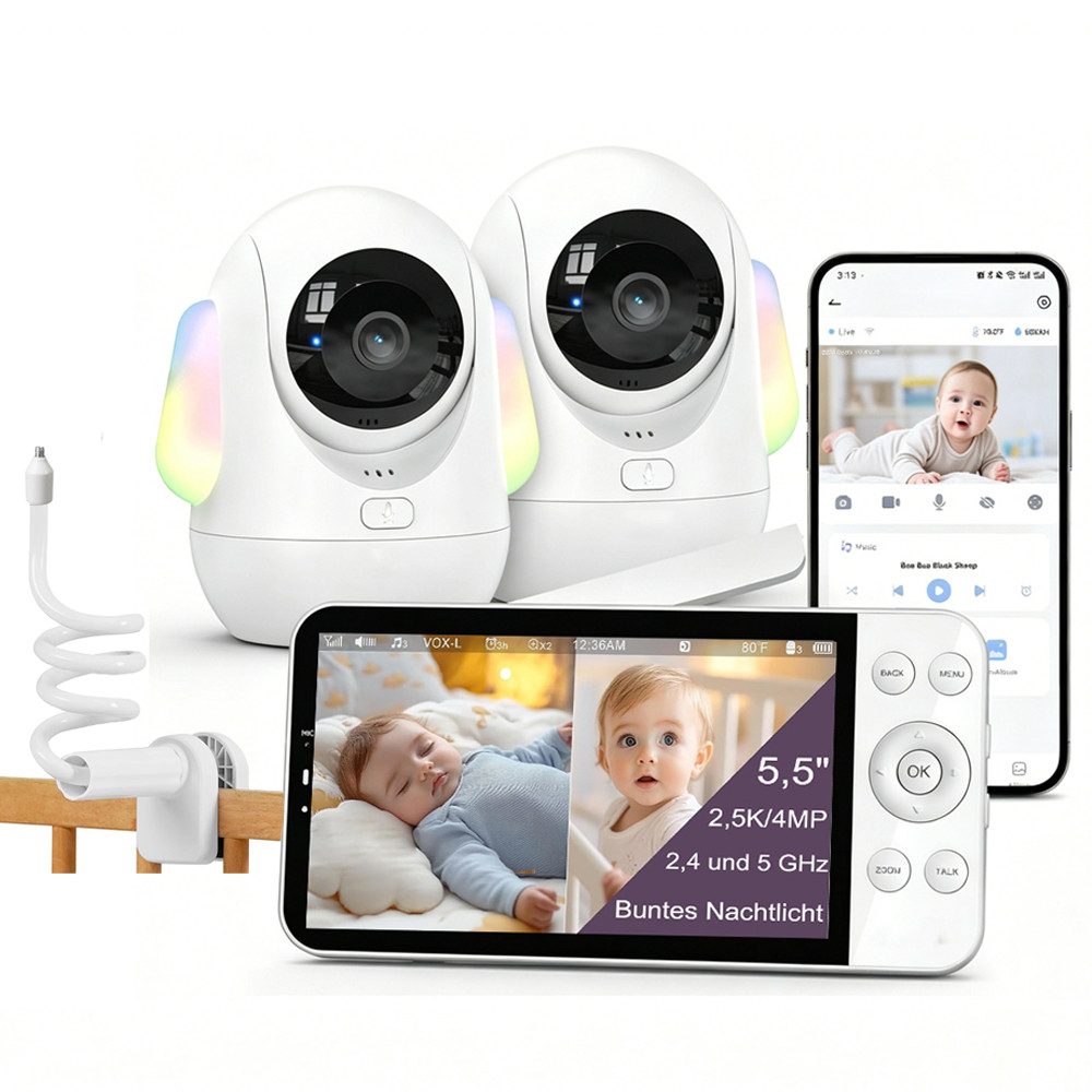 TWUFY Babyphone Babyphone mit Kamera 2.5K & 5.5-Zoll-HD-Großbildschirm Nachtsicht, unterstützt 2,4 GHz und 5 GHz, 1-tlg., 360° WLAN Video Babyfon mit App, Musik & Buntes Nachtlicht, Intelligente Erkennung