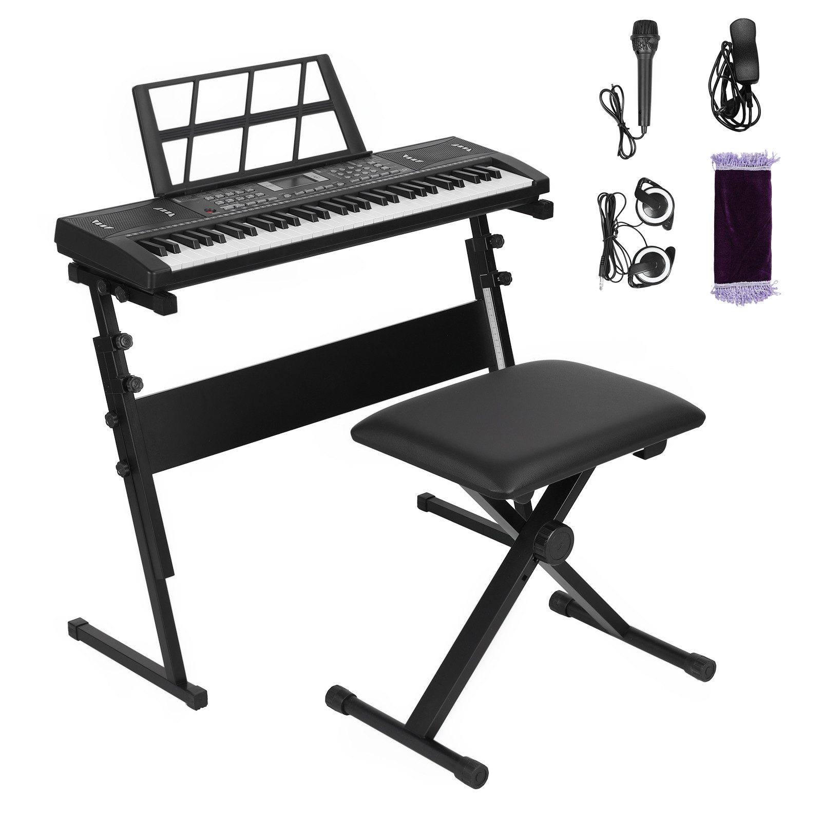 Rutaqian Home-Keyboard Home-Keyboard 61 Tasten Keyboard mit 300 Klängen & Beleuchteten Tasten, Komplettset inkl. Ständer, Hocker, Kopfhörer für Anfänger & Kinder