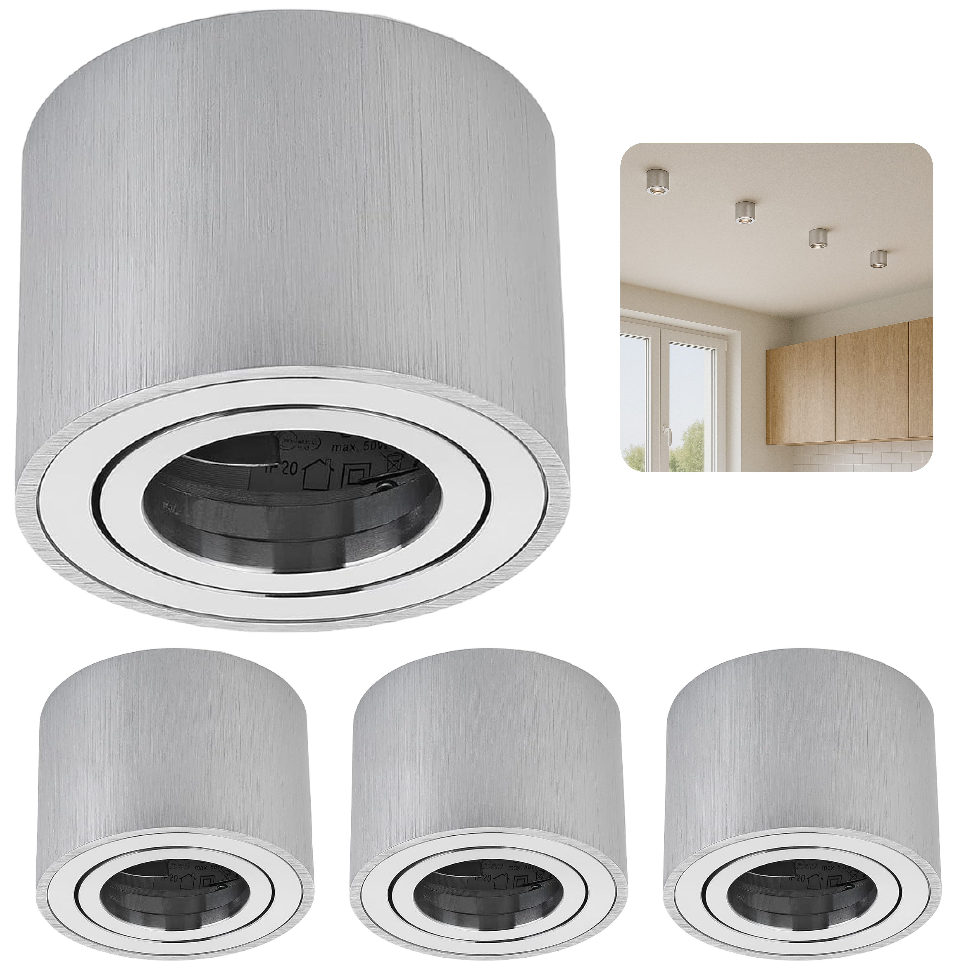 Sweet LED Aufbauleuchte 4er Set rund flach 50 mm Aluminium gebürstet 230 V, schwenkbar, ohne Leuchtmittel, Aufbaustrahler LED, Aufbauspot, Deckenstrahler