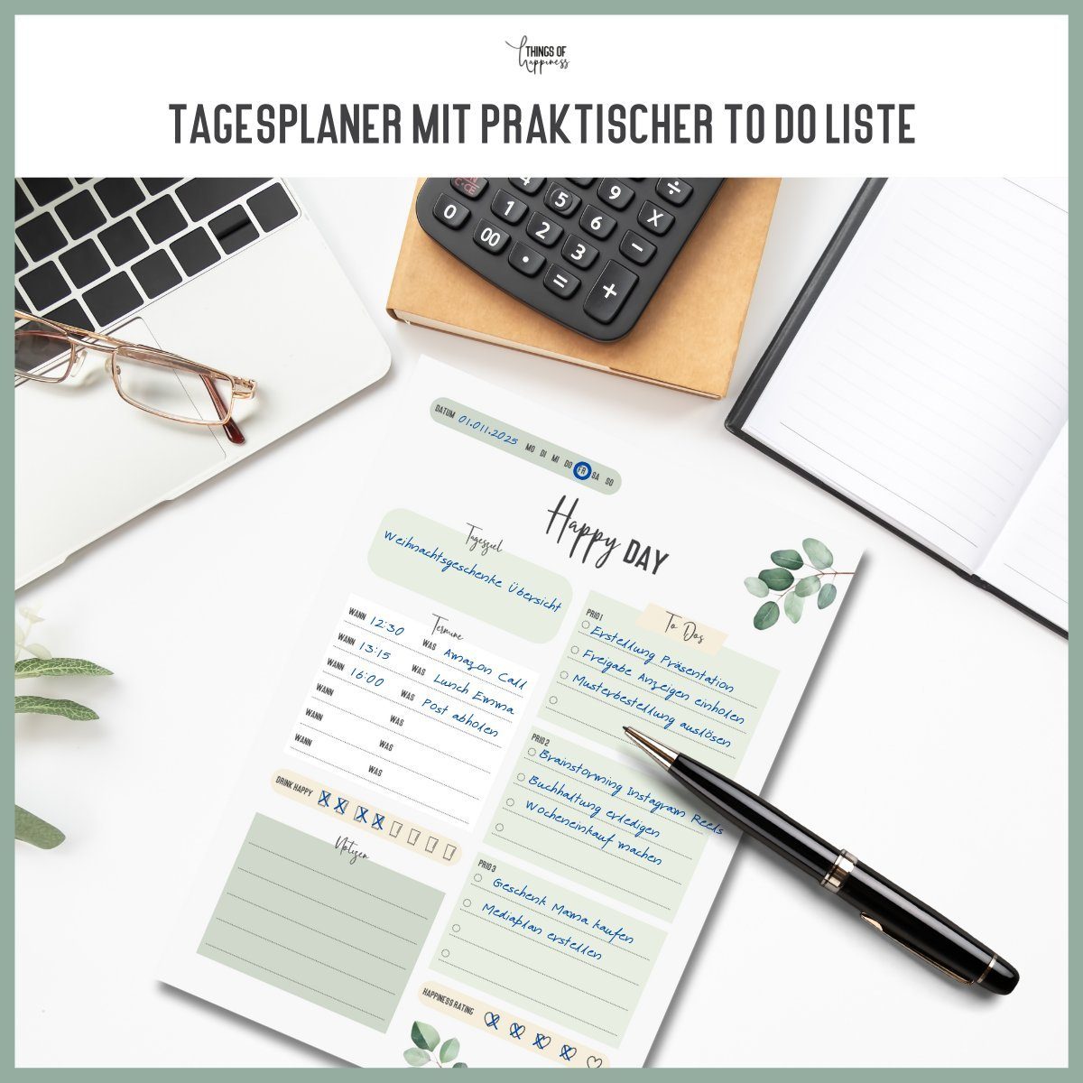 Things of Happiness Terminplaner Tagesplaner DIN A5 Block, To Do Liste, Prioritäten-Liste und Zeitplan, Terminplan
