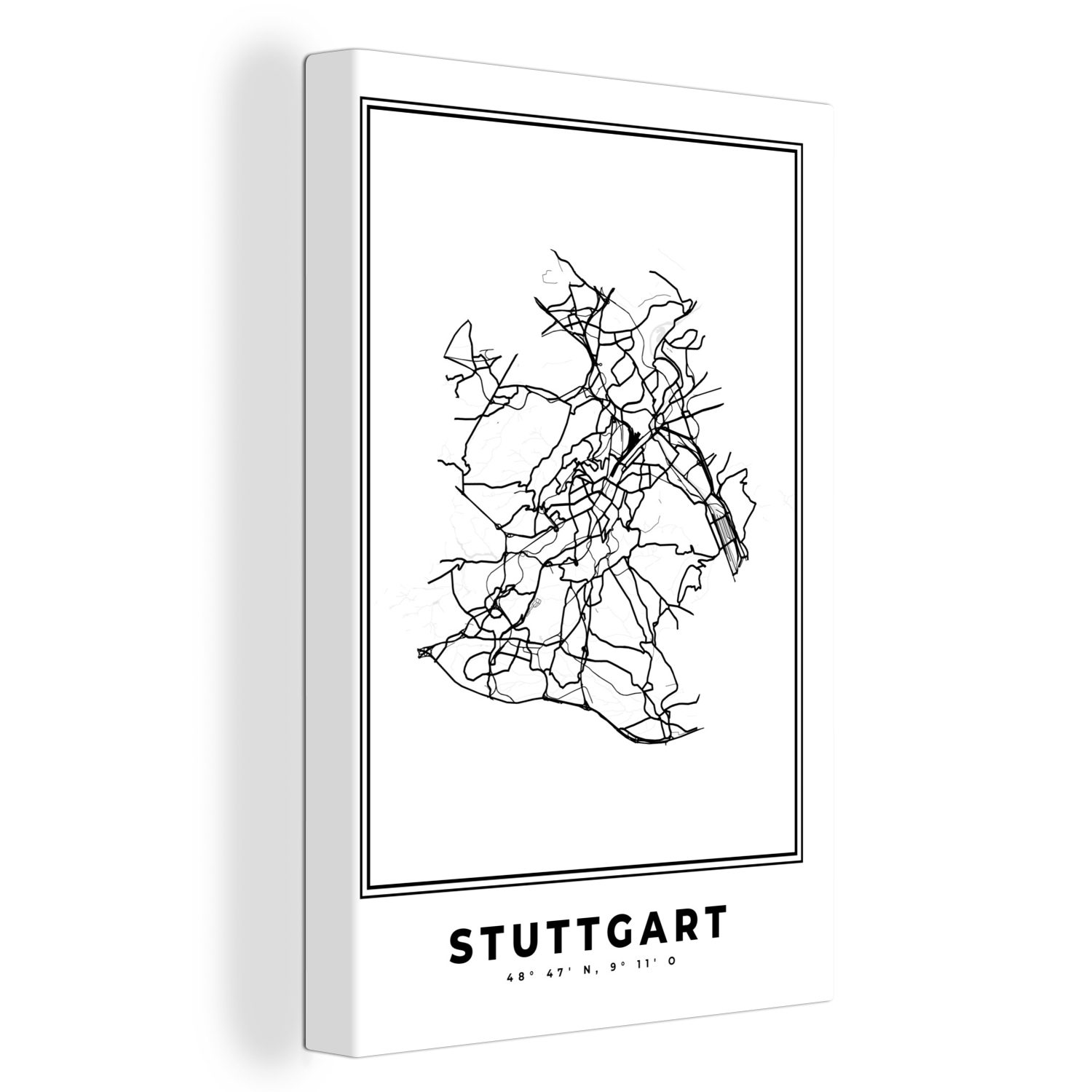 weiß bespannt Leinwandbild Schwarz Deutschland Leinwandbild cm 20x30 St), Karte fertig Zackenaufhänger, Gemälde, inkl. und Stadtplan - (1 OneMillionCanvasses® Stuttgart, - - -